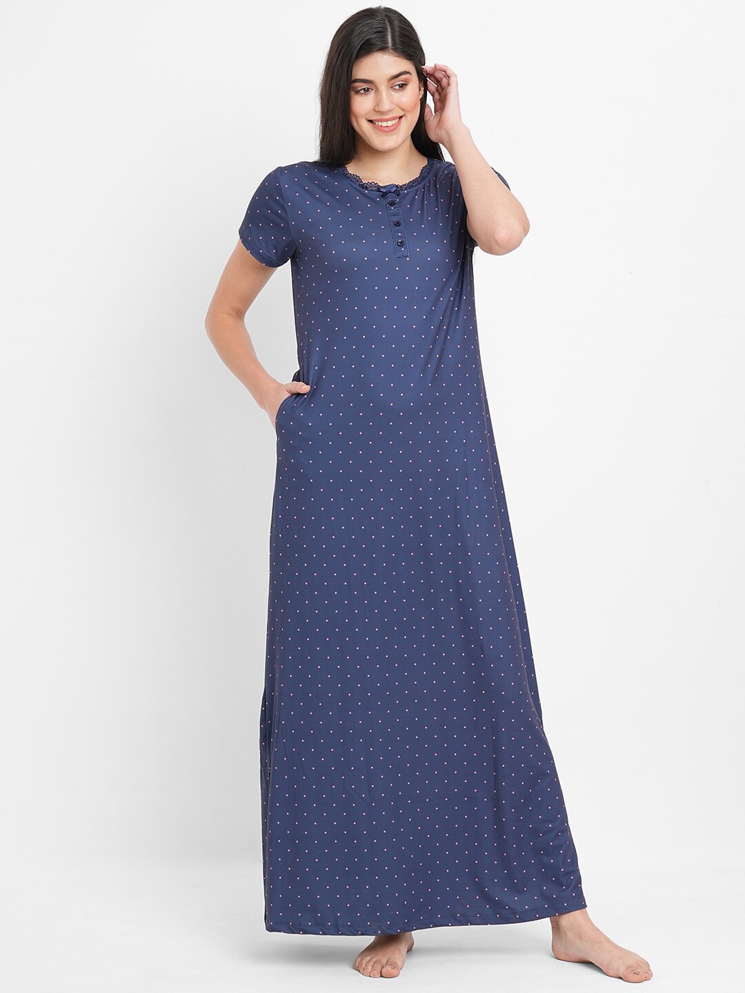 

Sweet Dreams Polka Dots Printed Maxi Nightdress, Navy blue
