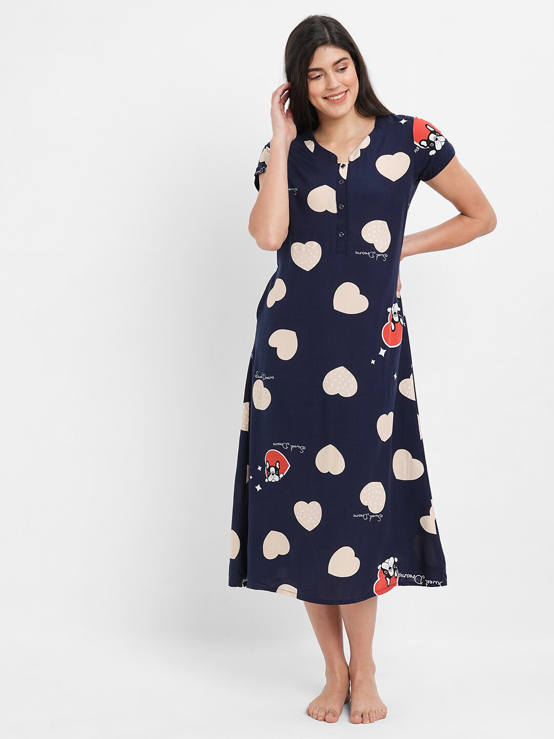 

Sweet Dreams Conversational Printed Nightdress, Navy blue