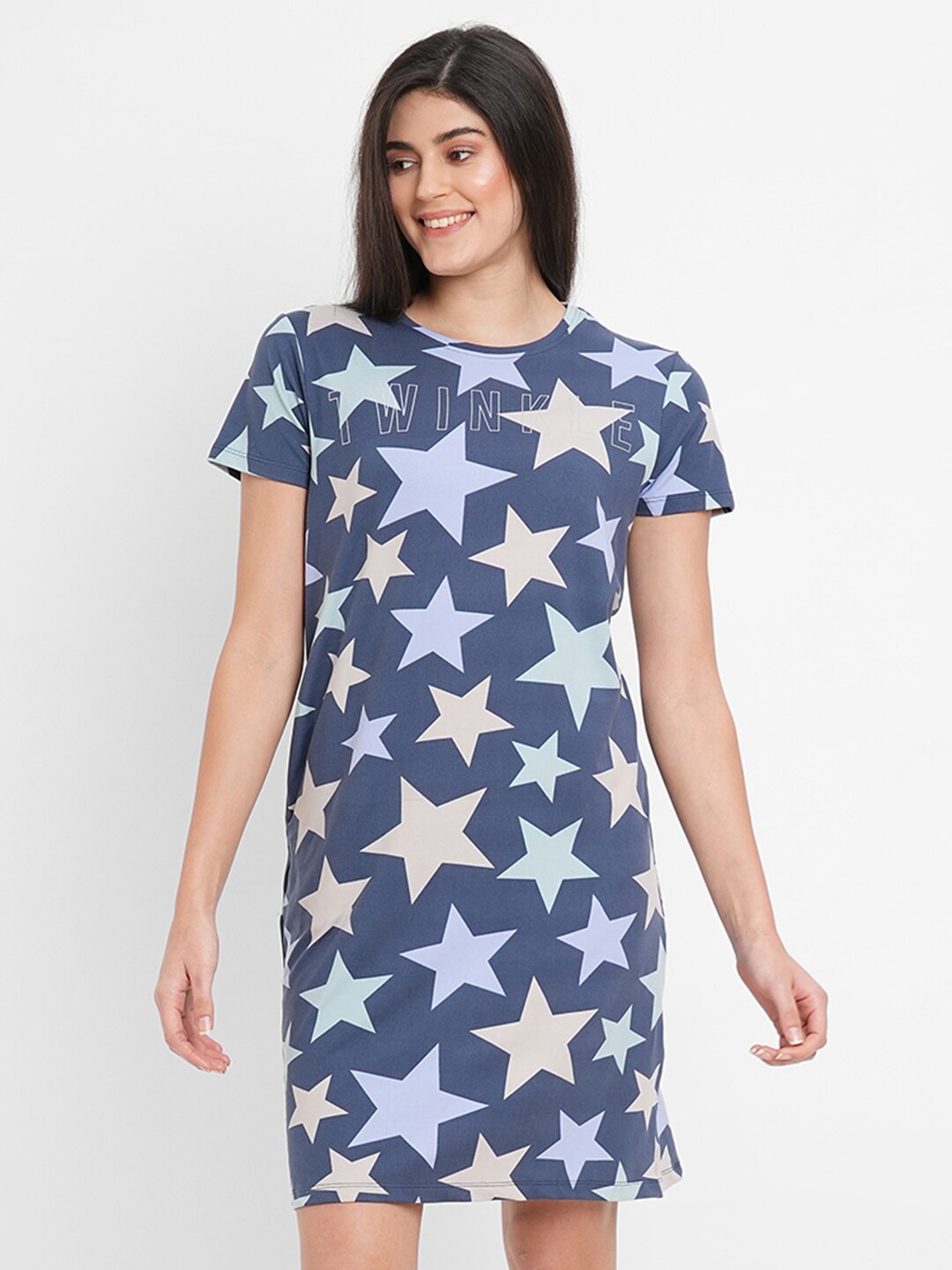 

Sweet Dreams Stars Printed Nightdress, Navy blue
