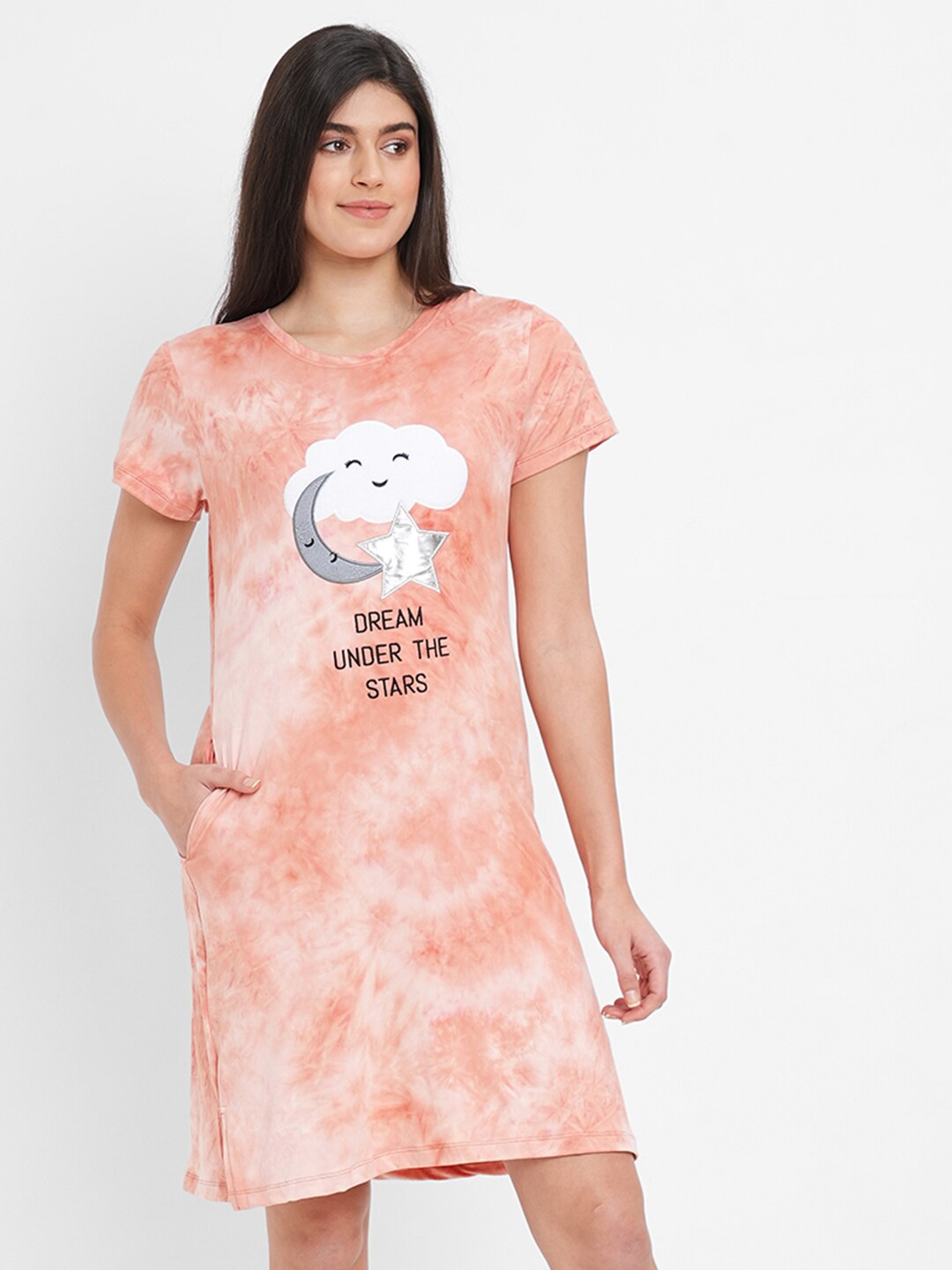 

Sweet Dreams Graphic Printed Pure Cotton Nightdress, Peach