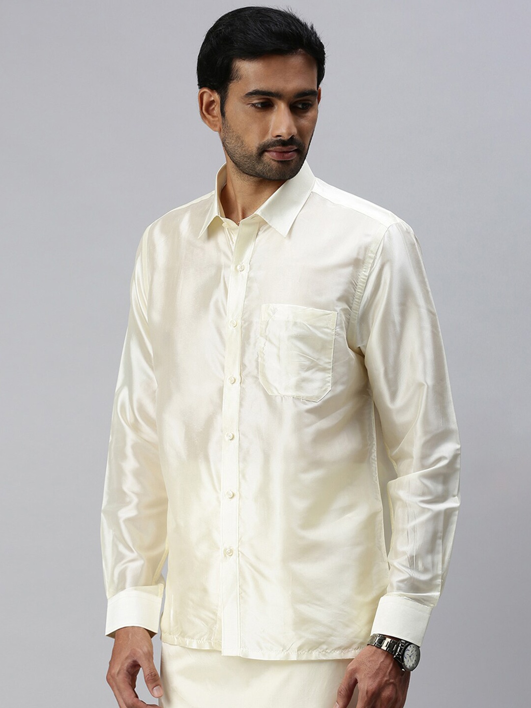 

Ramraj Men Long Sleeves Shirt and Dhoti Set, Cream