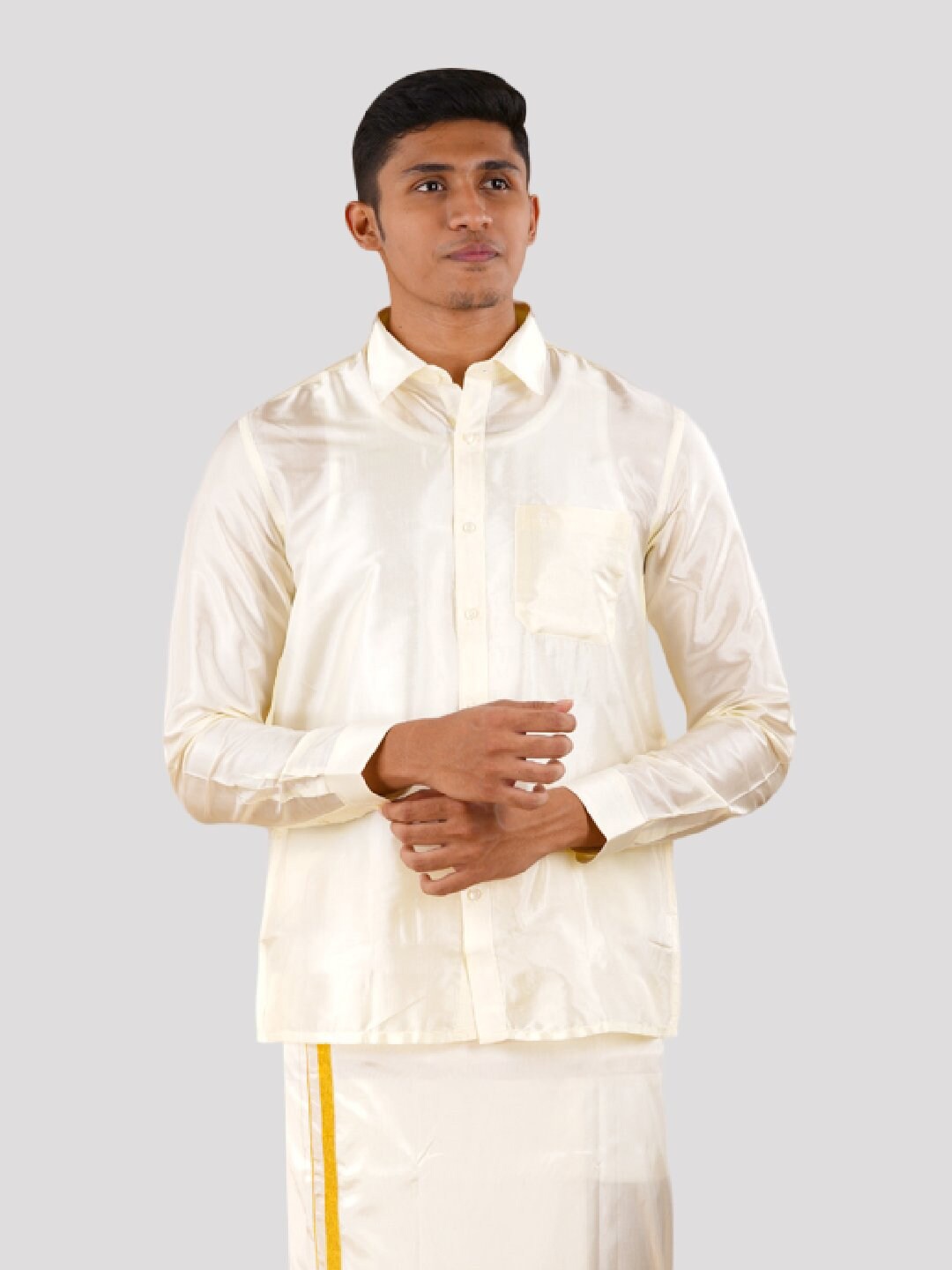

Ramraj Men Spread Collar Shirt and Dhoti Set, Cream