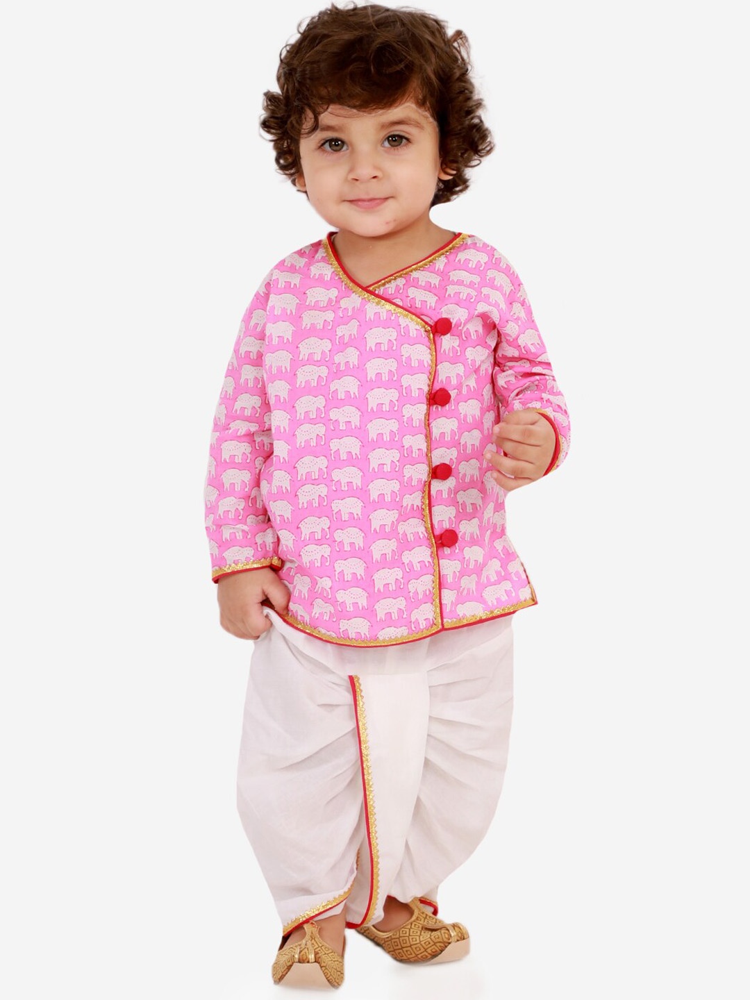 

KID1 Boys Ethnic Motifs Printed Angrakha Gotta Patti Pure Cotton Kurta with Dhoti Pants, Pink