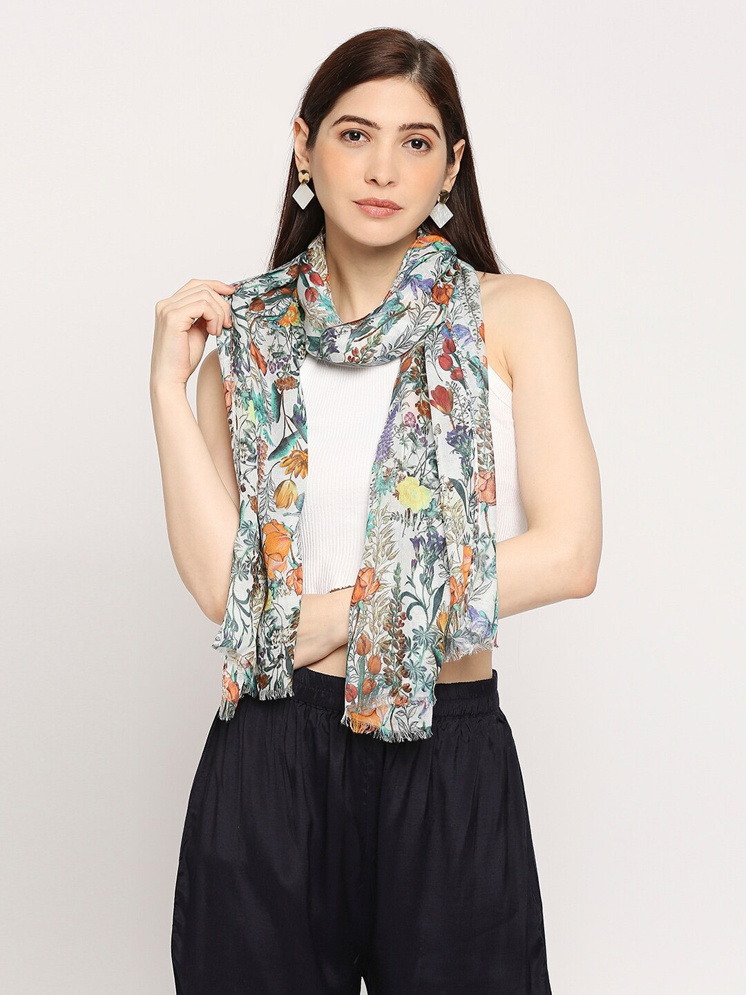 

Cloth Haus India Women Floral Printed Scarf, White