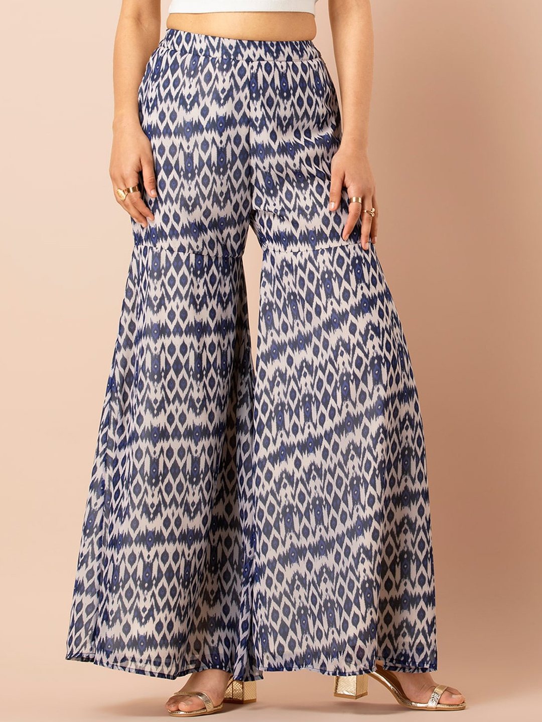 

INDYA Ethnic Motifs Printed Flared Georgette Palazzos, Navy blue