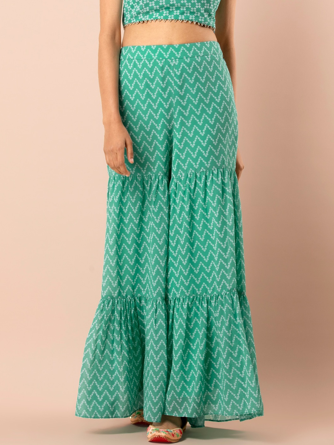 

INDYA Bandhani Printed Tiered Flared Sharara, Sea green