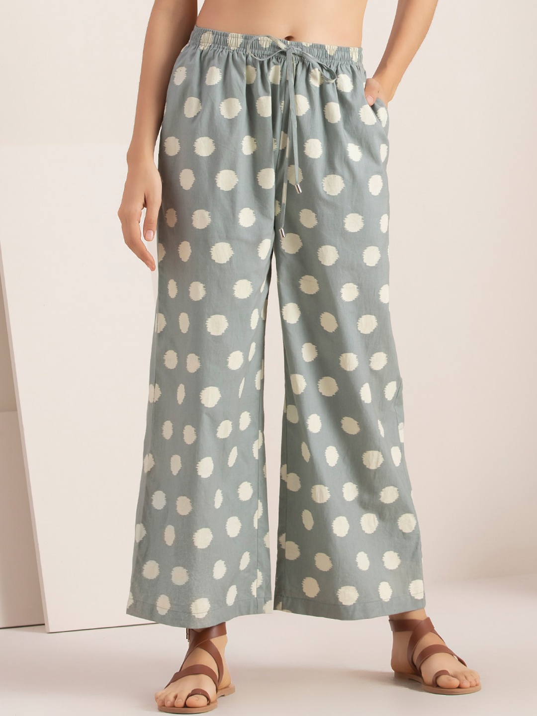 

INDYA Women Polka Dot Printed Pure Cotton Palazzos, Grey