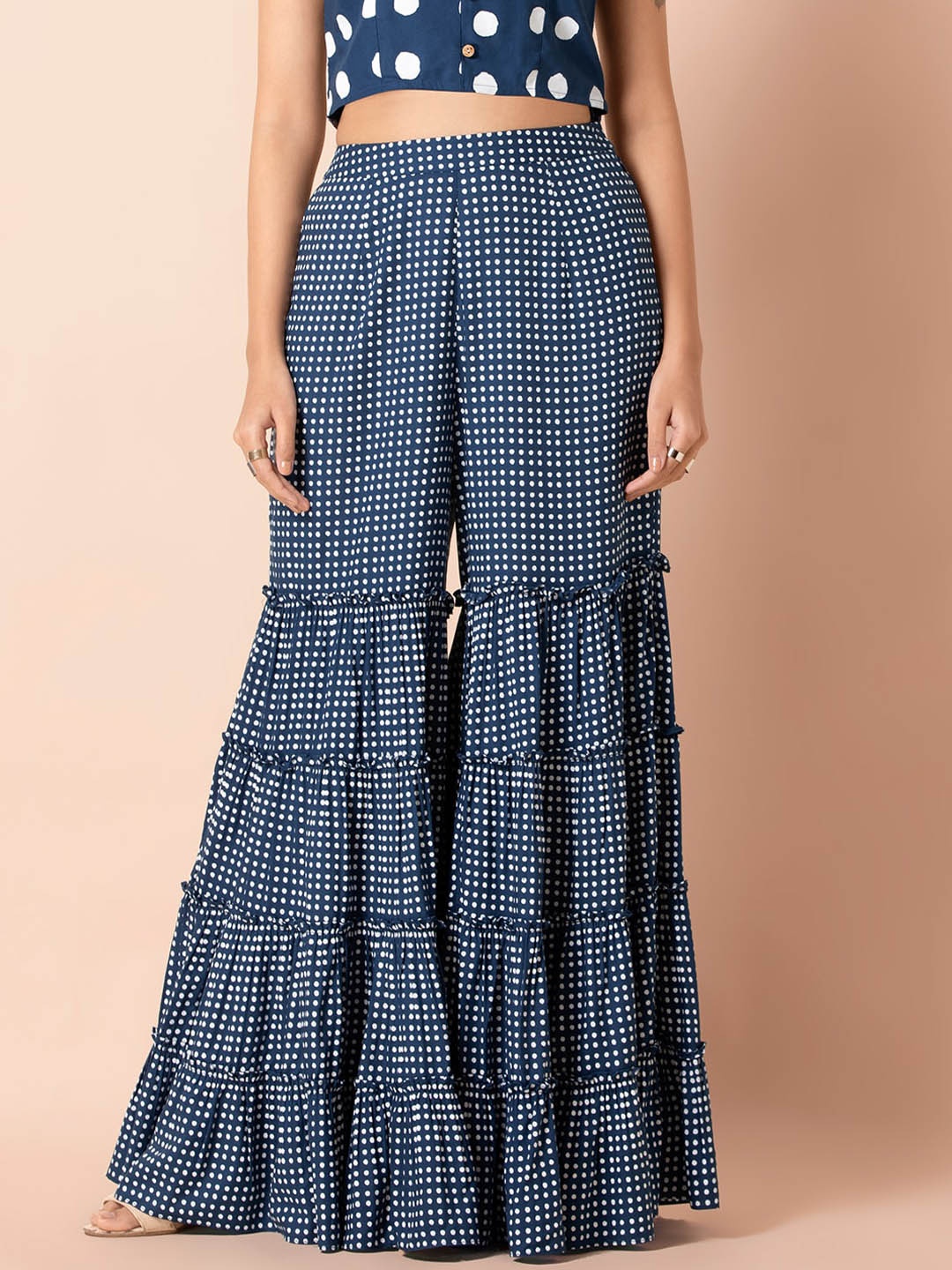 

INDYA Women Polka Dot Printed Flared Tiered Palazzos, Navy blue