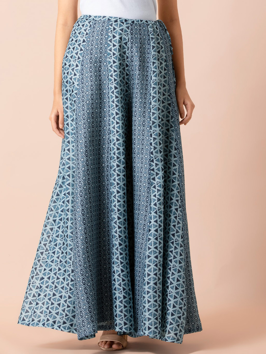 

INDYA Women Geometric Printed Wide Leg Palazzos, Blue