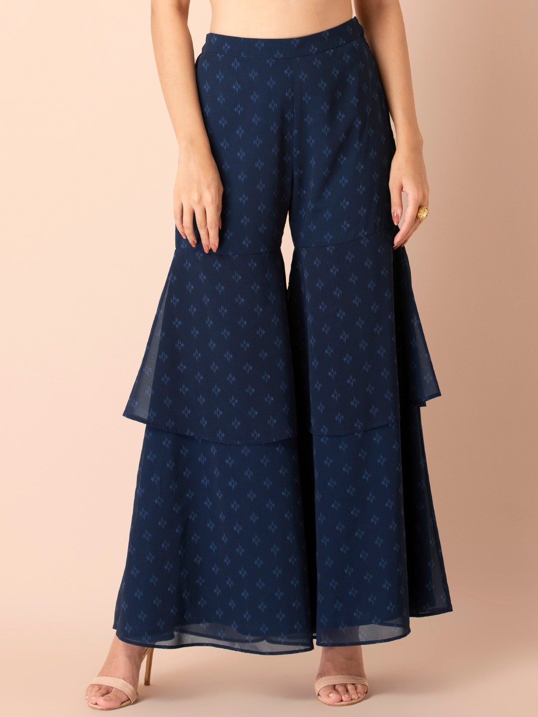 

INDYA Women Ethnic Motifs Printed Flared Palazzo, Navy blue