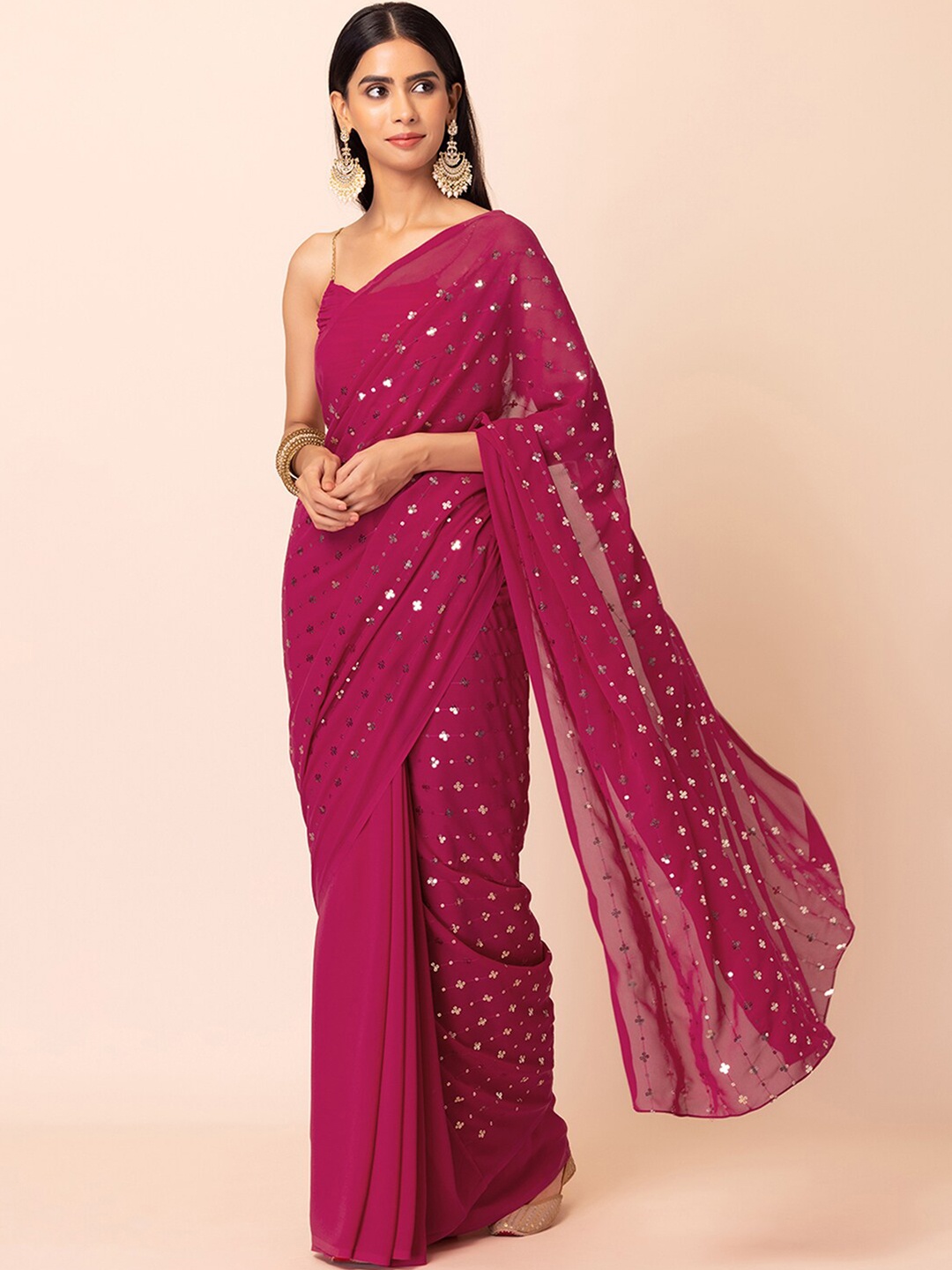 

INDYA Floral Embroidered Mirror Work Saree, Pink