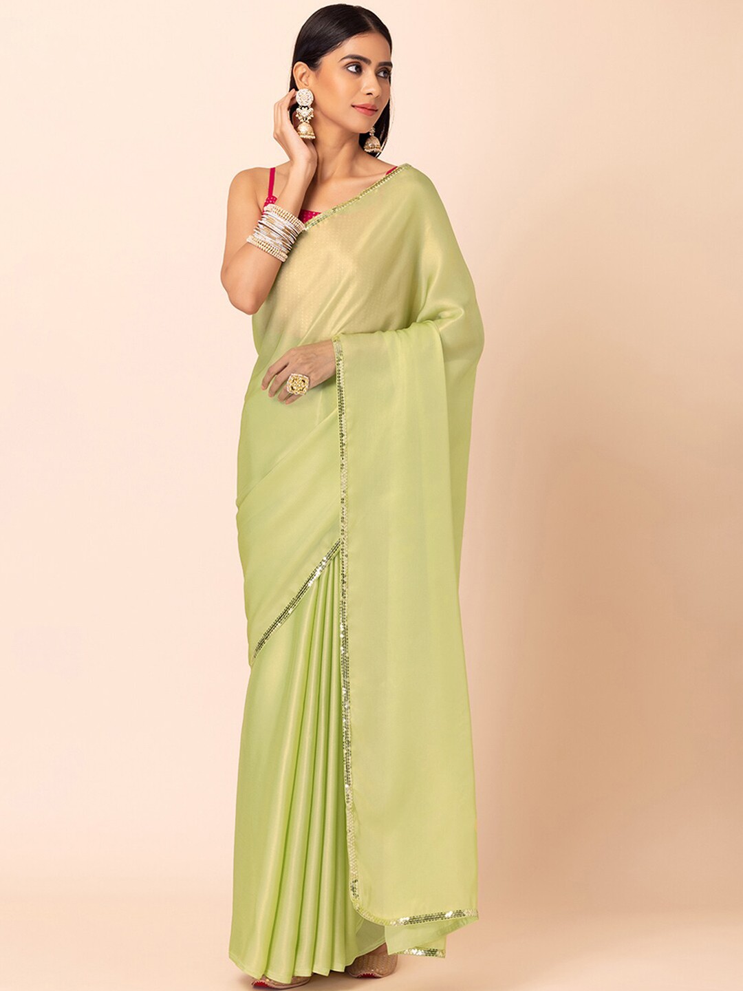 

INDYA Sequinned Border Saree, Green