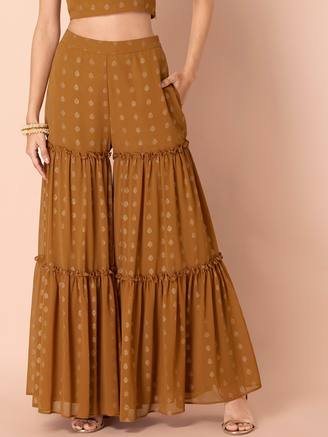 

INDYA Women Ethnic Motifs Foil Tiered Sharara Pants, Mustard