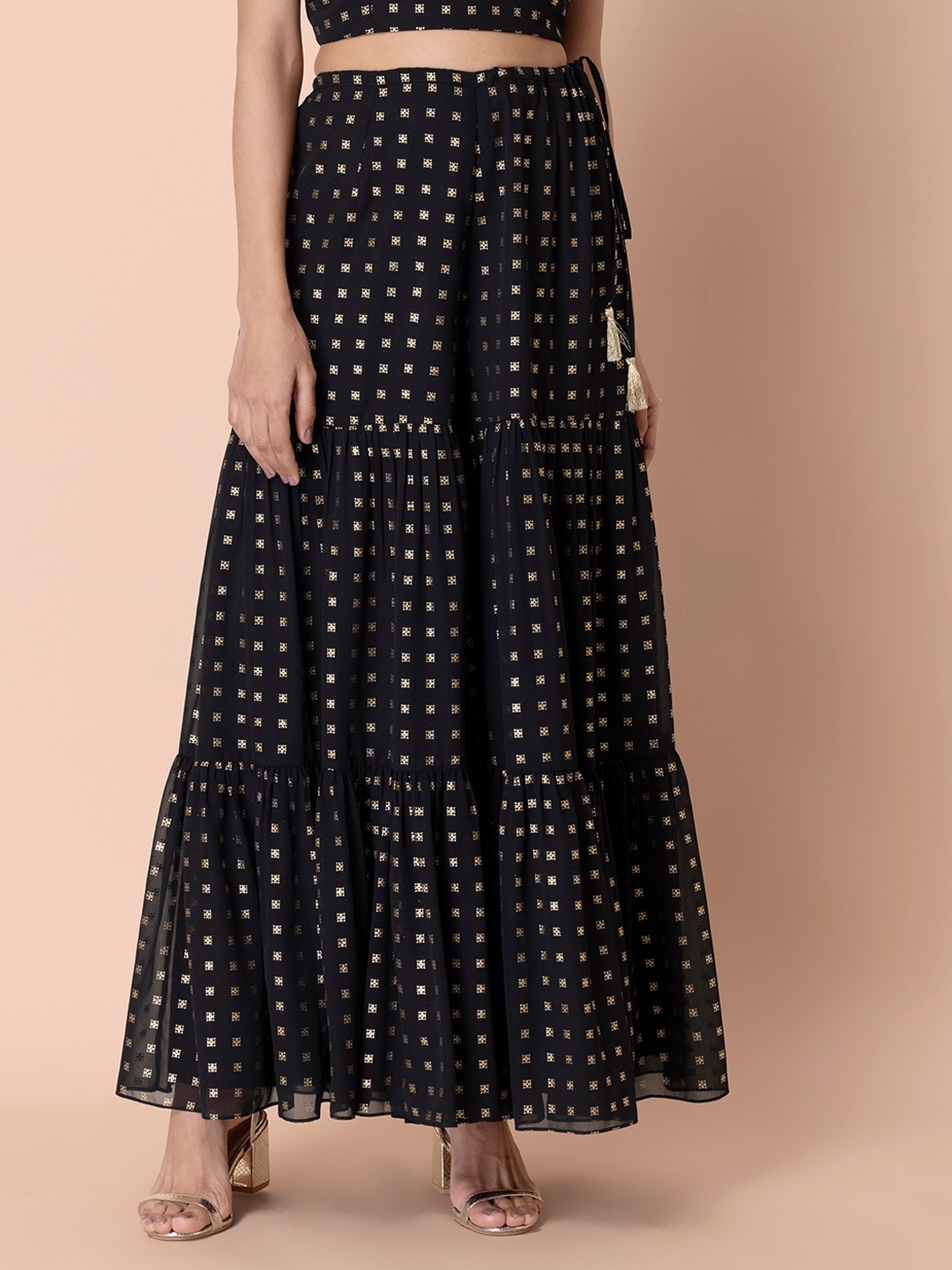 

INDYA Women Ethnic Motifs Printed Flared Ethnic Palazzos, Black