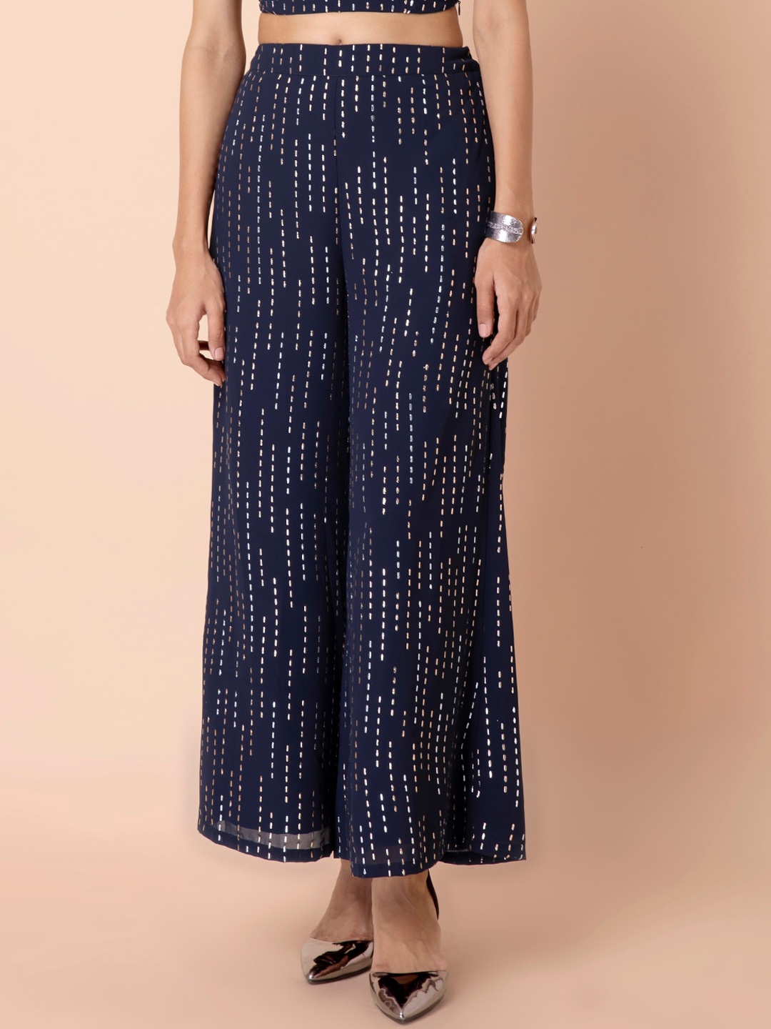 

INDYA Women Geometric Printed Woven Straight Fit Palazzos, Navy blue