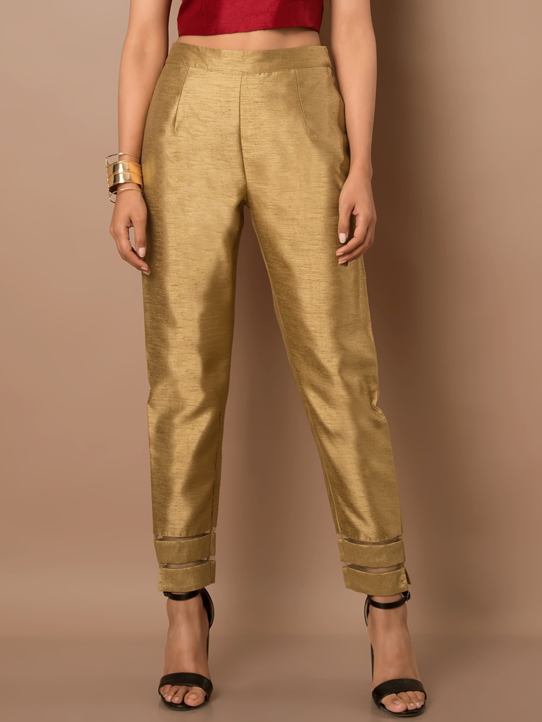 

INDYA Women Mod-Rise Poly Silk Cigarette Trousers, Gold