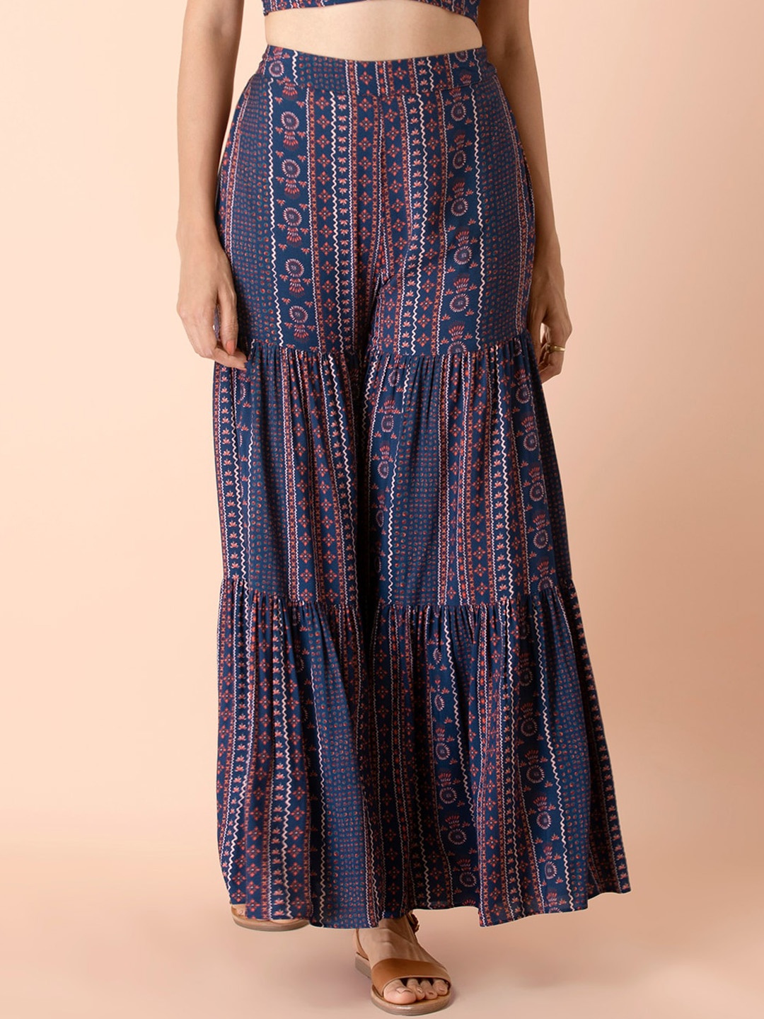 

INDYA Women Ethnic Motifs Printed Flared Tiered Sharara, Blue