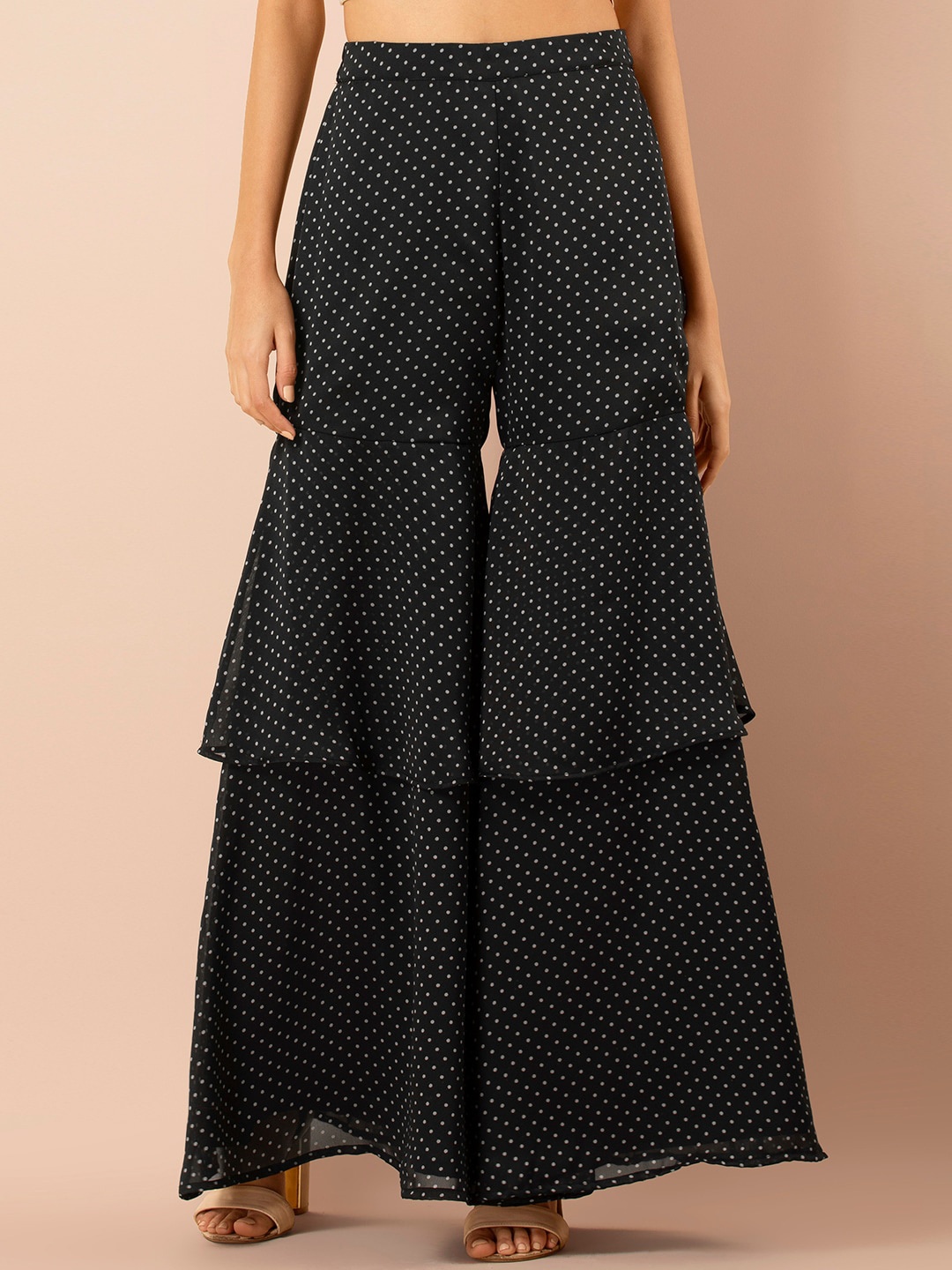 

INDYA Women Polka Dot Printed Flared Palazzo, Black