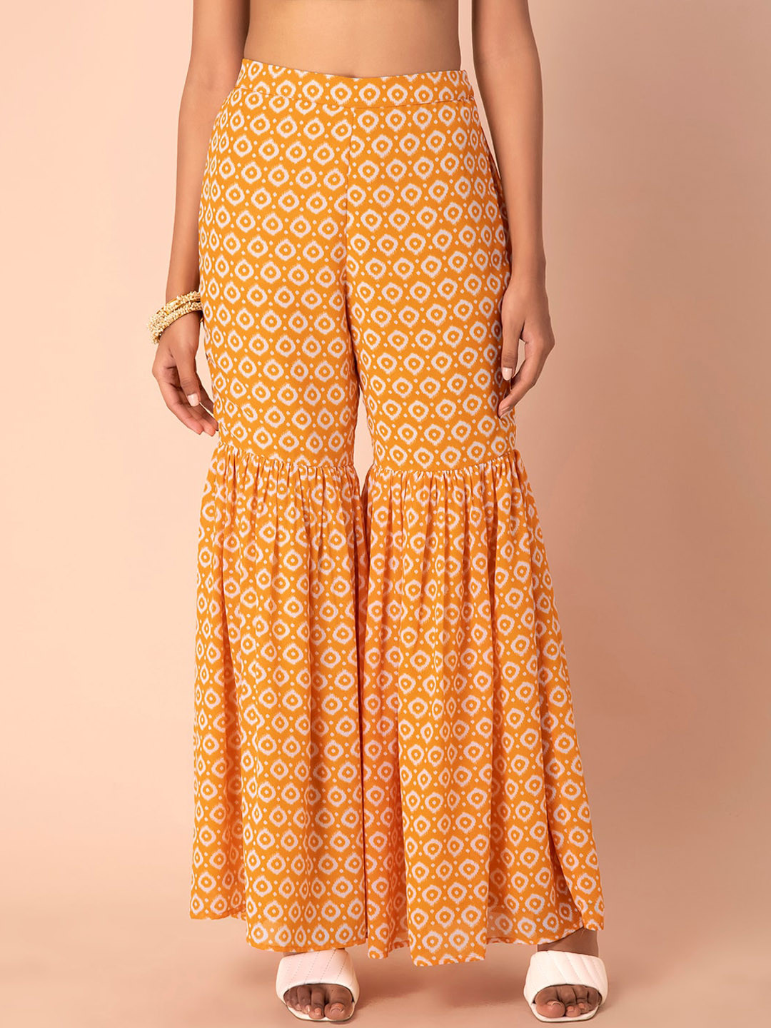 

INDYA Women Ikat Printed Pleated Sharara, Yellow