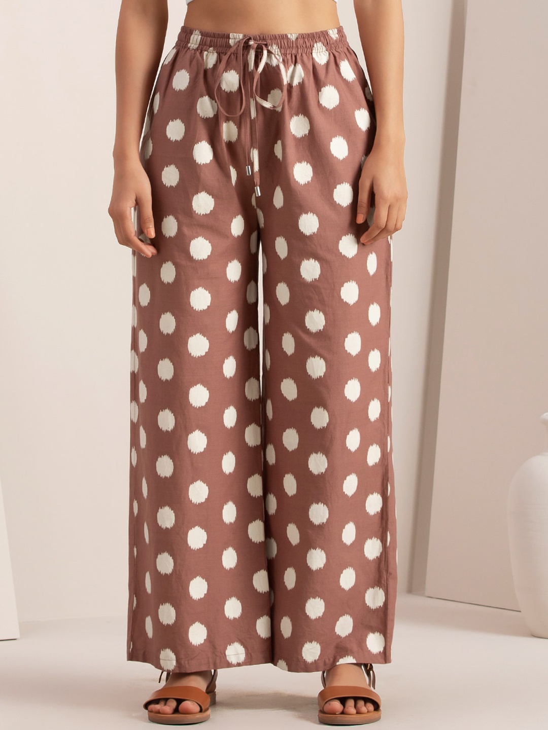 

INDYA Women Polka Dot Printed Pure Cotton Palazzos, Brown