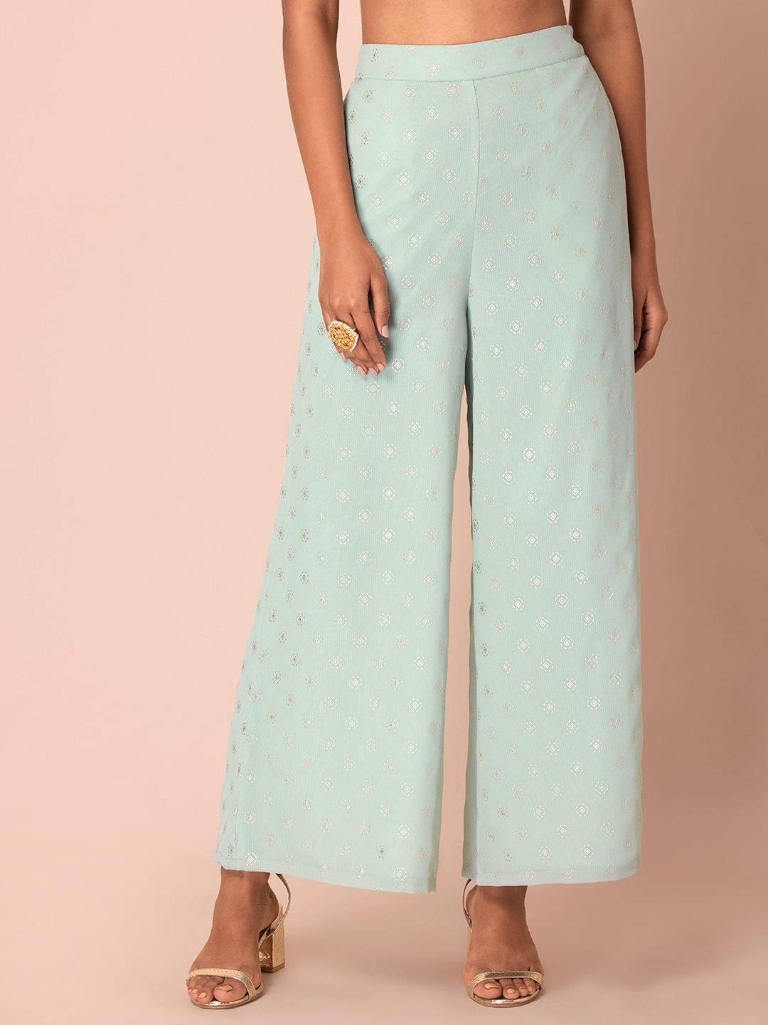 

INDYA Printed Straight Fit Slip-On Ethnic Palazzos, Sea green