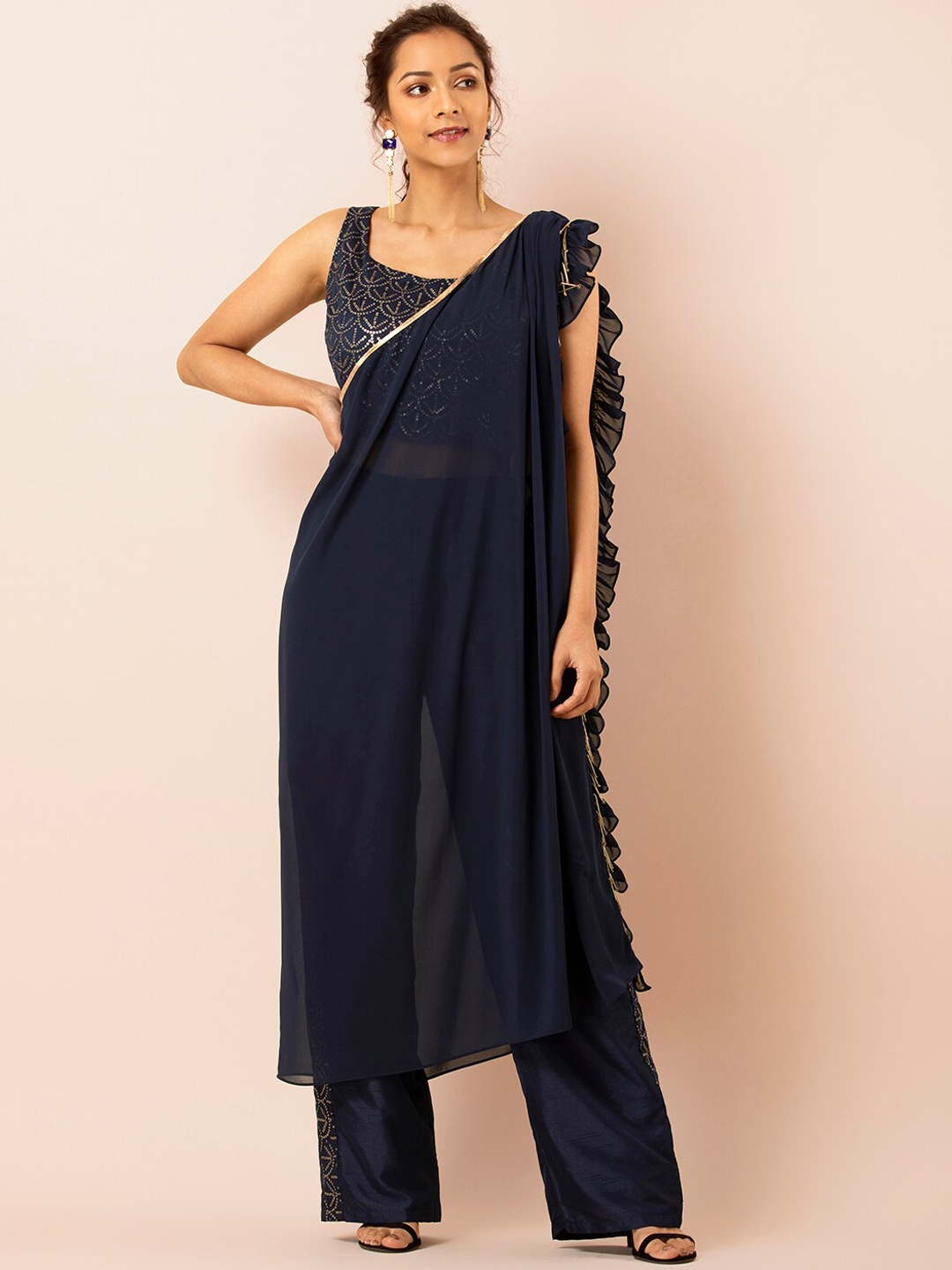 

INDYA Straight Fit Palazzos with Frill Drape, Navy blue
