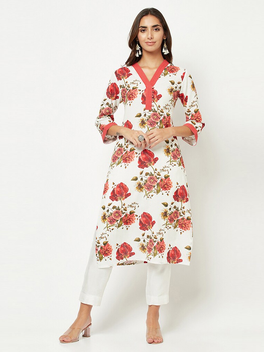 

BARARA ETHNIC Floral Printed Pure Cotton Kurta, White