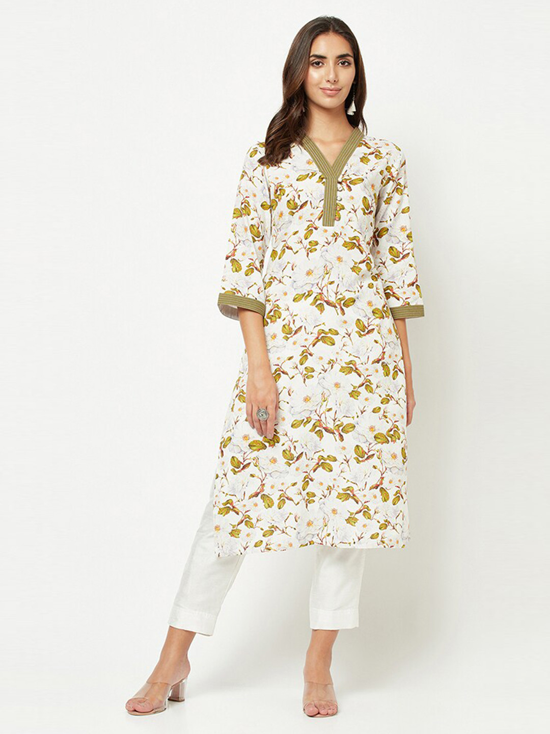 

BARARA ETHNIC Floral Printed V-Neck Pure Cotton Kurta, Off white