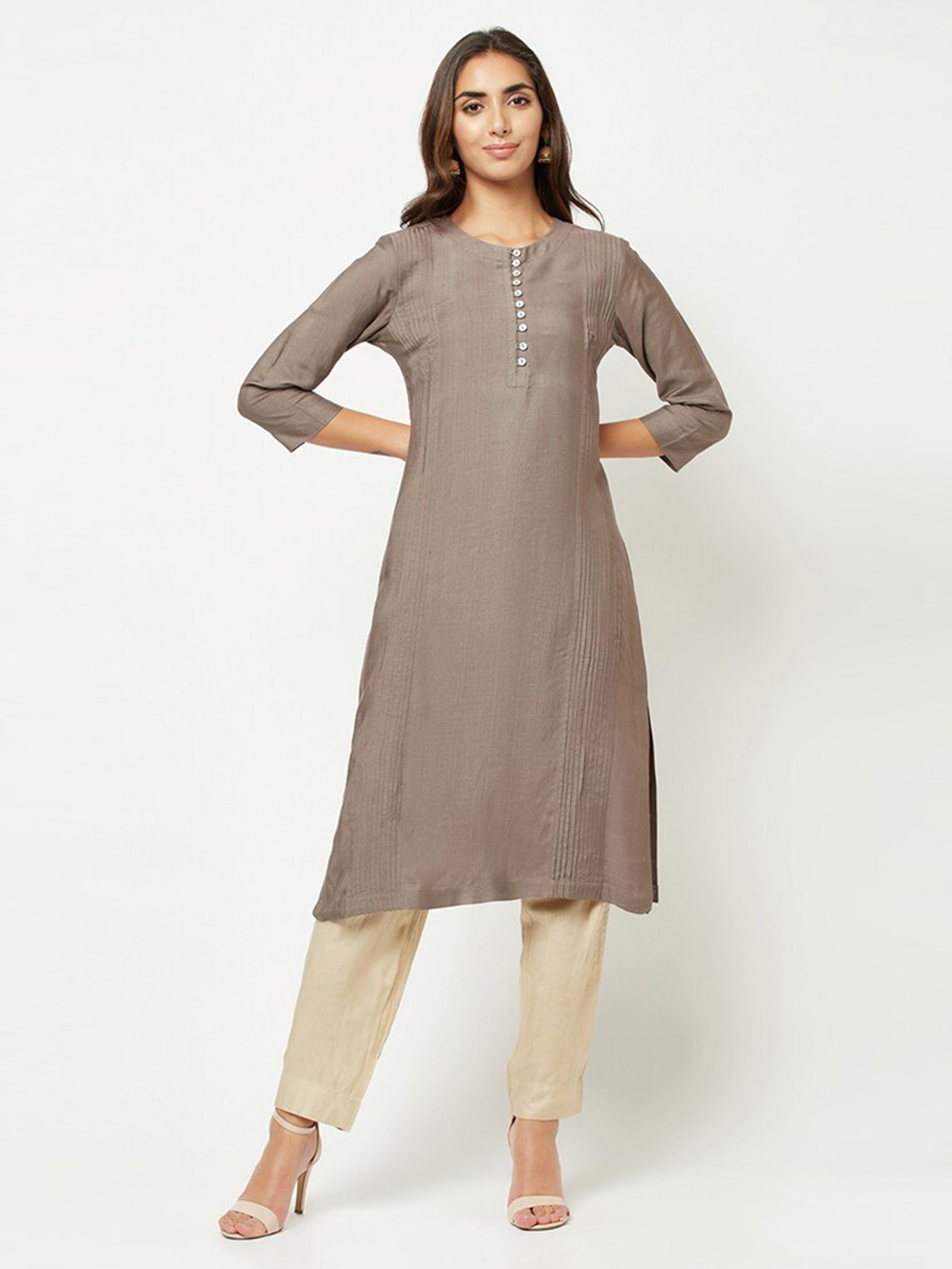 

BARARA ETHNIC Pleated Cotton Straight Kurta, Grey