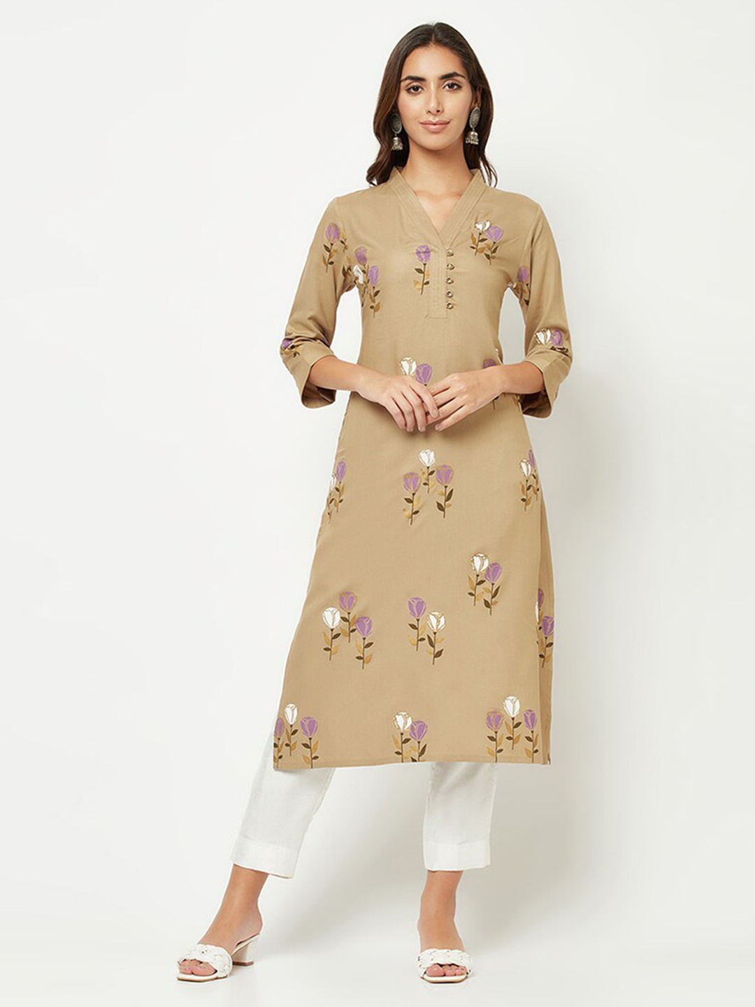 

BARARA ETHNIC Floral Printed V-Neck Straight Kurta, Brown