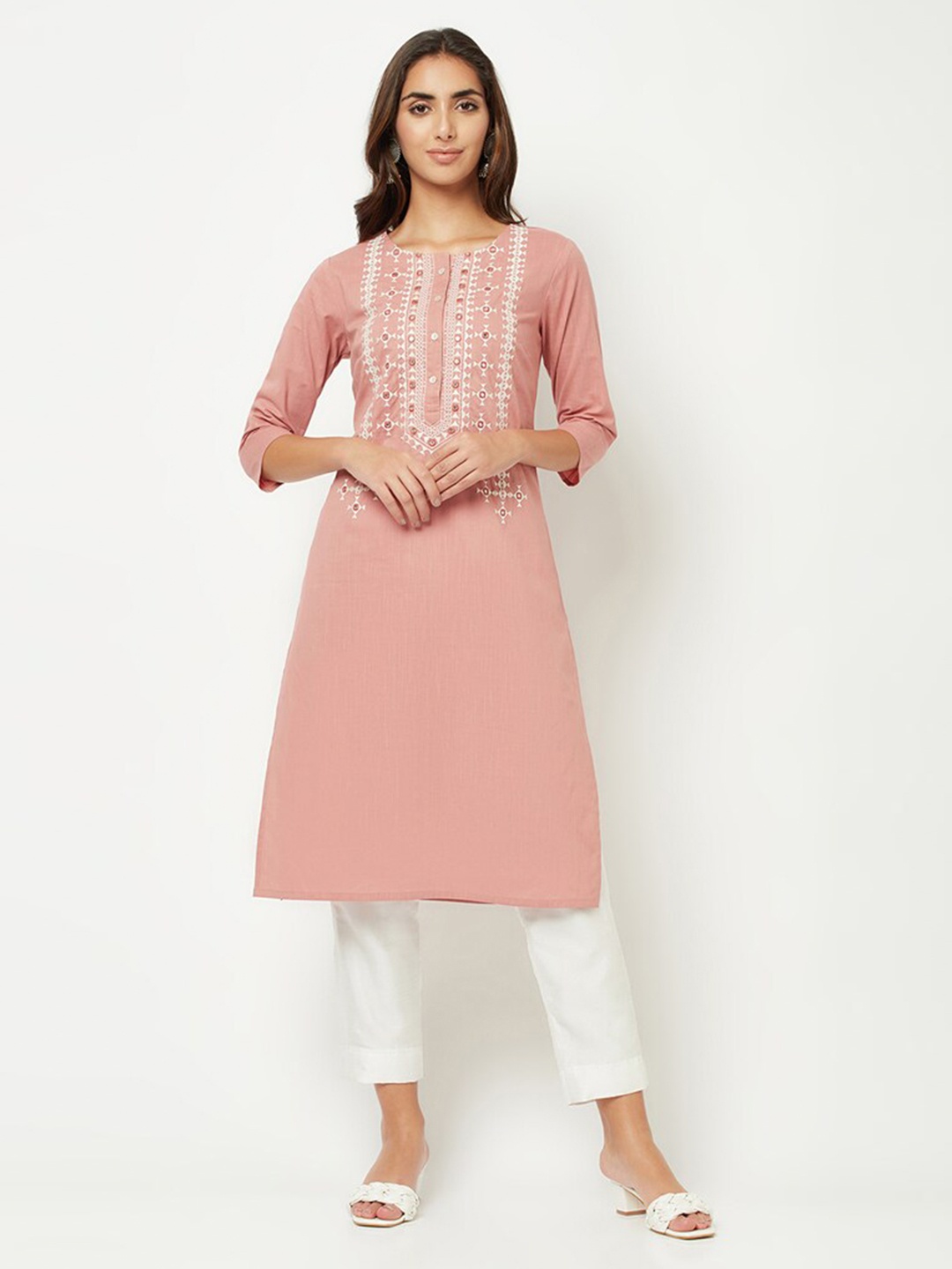 

BARARA ETHNIC Geometric Yoke Design Mirror Work Pure Cotton Kurta, Pink