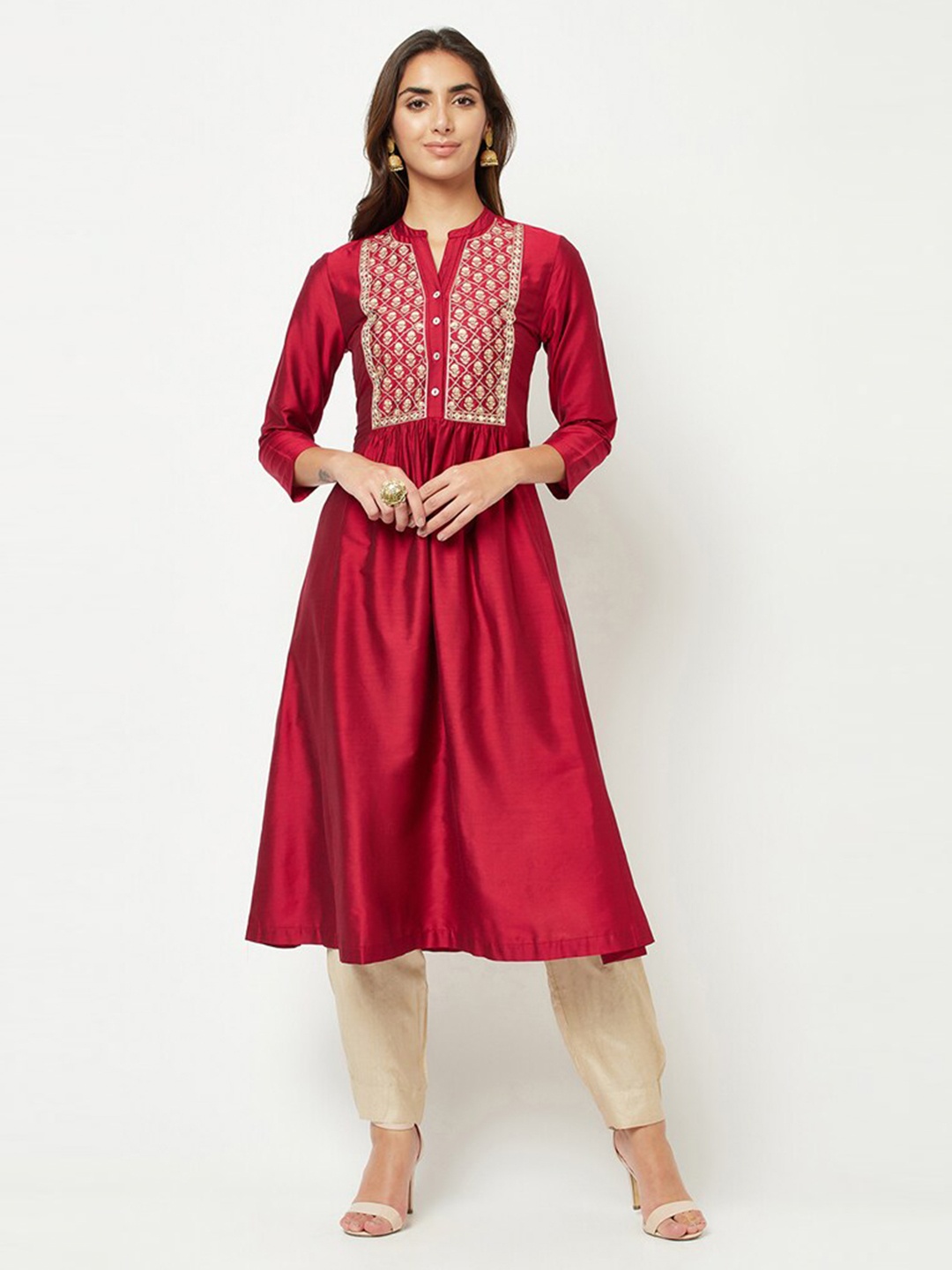 

BARARA ETHNIC Embroidered Sequined Anarkali Cotton Kurta, Red