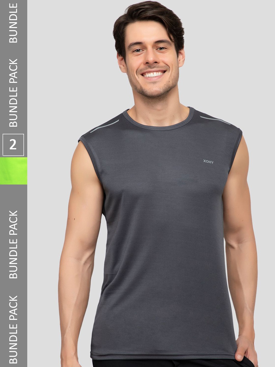 

Xohy Pack of 2 Round Neck Active Wear Gym Vests COMBO801NGREEN-DGREY, Green