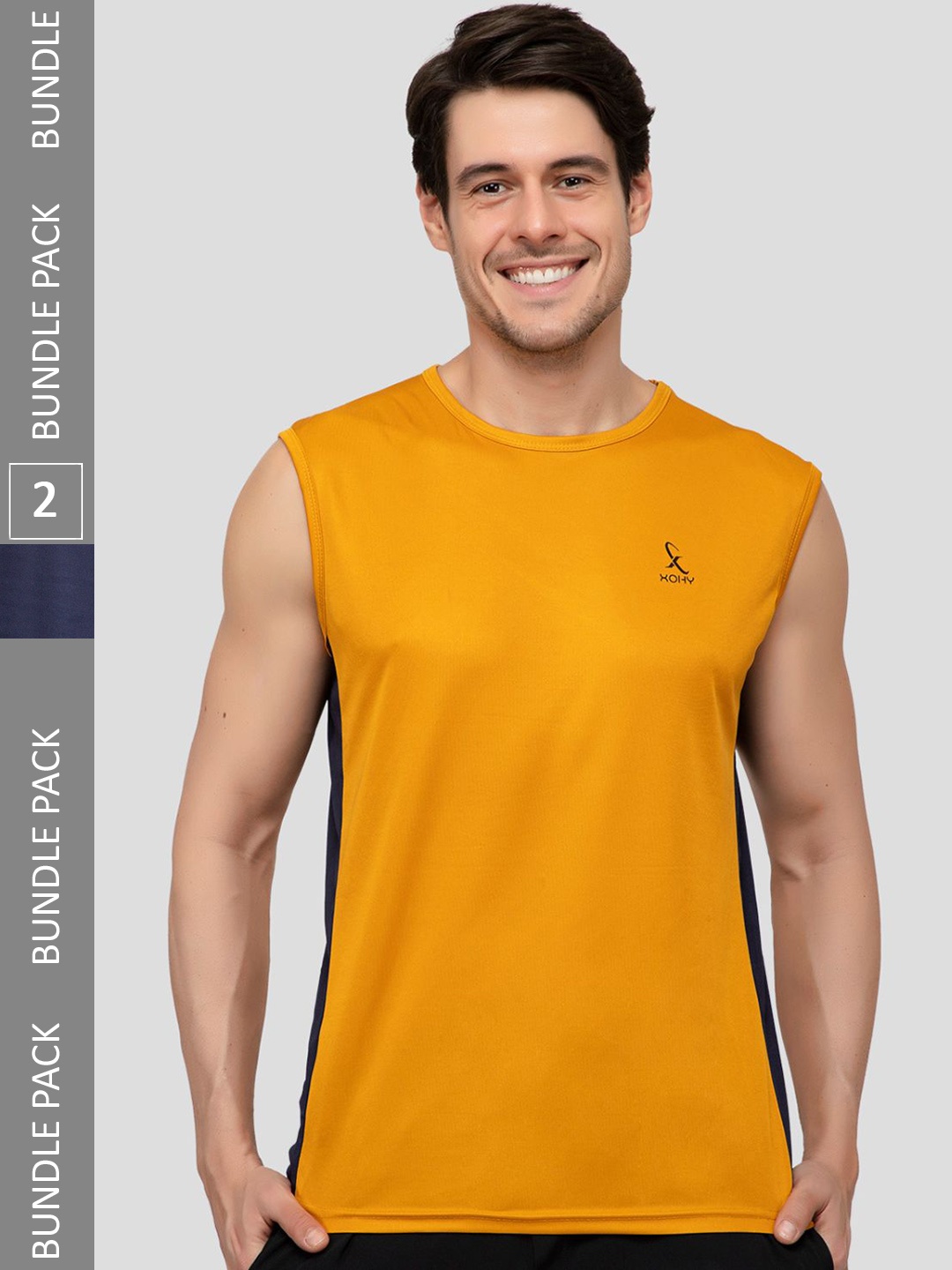 

Xohy Pack of 2 Round Neck Active Wear Gym Vests COMBO801NVY-803MSTR, Navy blue