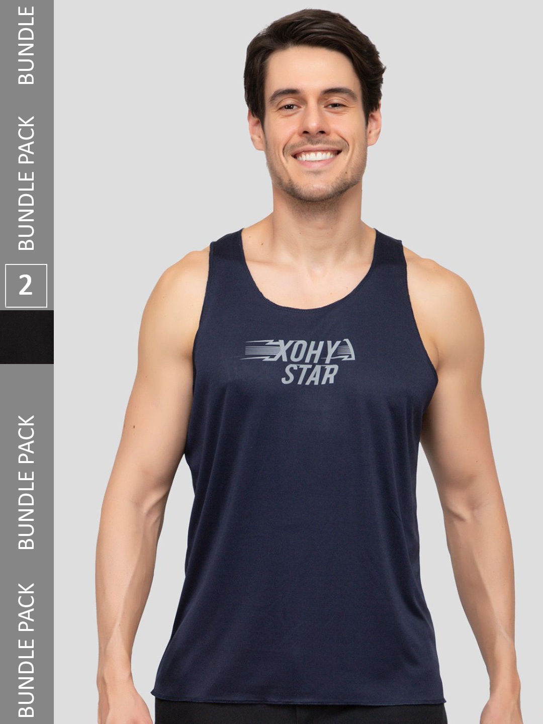 

Xohy Pack of 2 Round Neck Active Wear Gym Vests COMBO800NAVY-BLACK, Navy blue