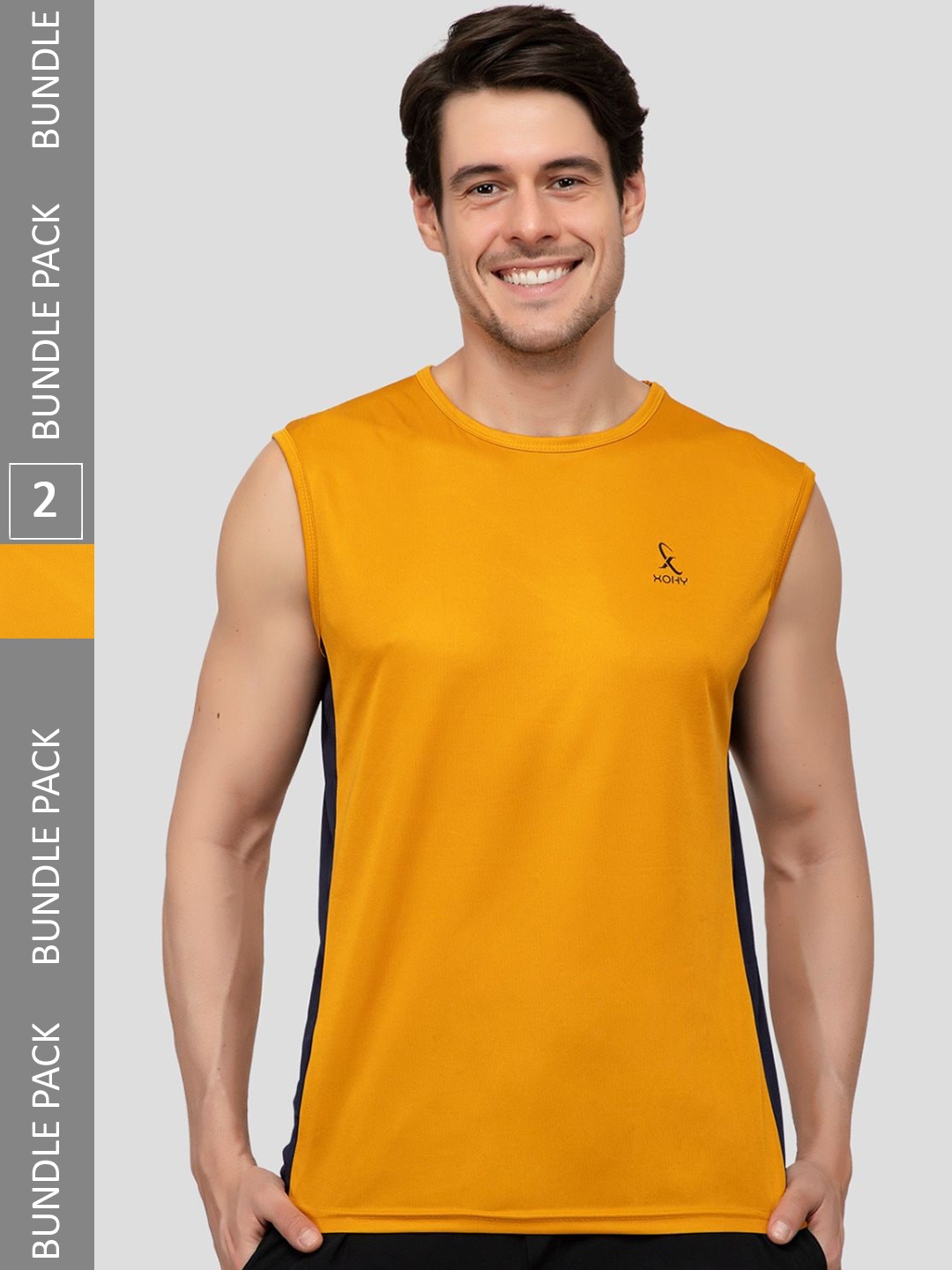 

Xohy Pack of 2 Colorblocked Round Neck Active Wear Gym Vests COMBO803-MUSTARD