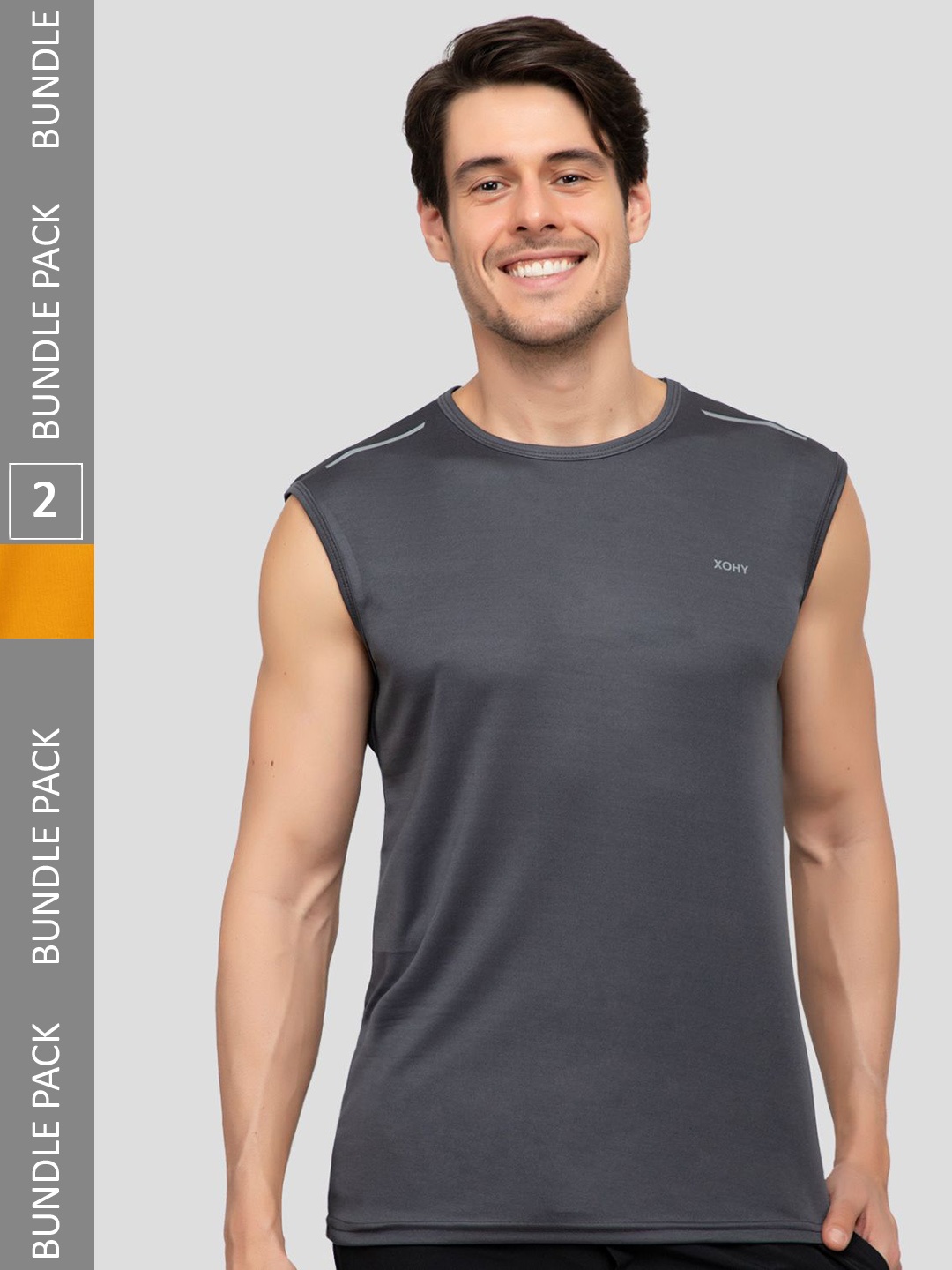 

Xohy Pack of 2 Round Neck Active Wear Gym Vests COMBO801DGRY-803MSTR, Grey