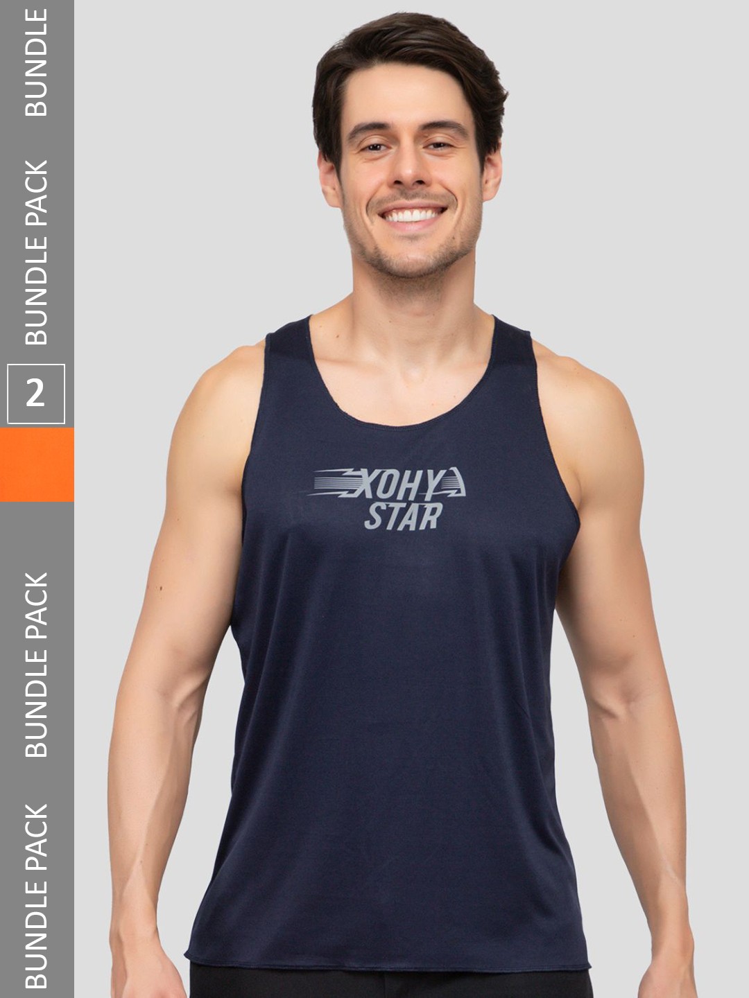 

Xohy Pack of 2 Round Neck Active Wear Gym Vests COMBO800NORANGE-NAVY, Navy blue