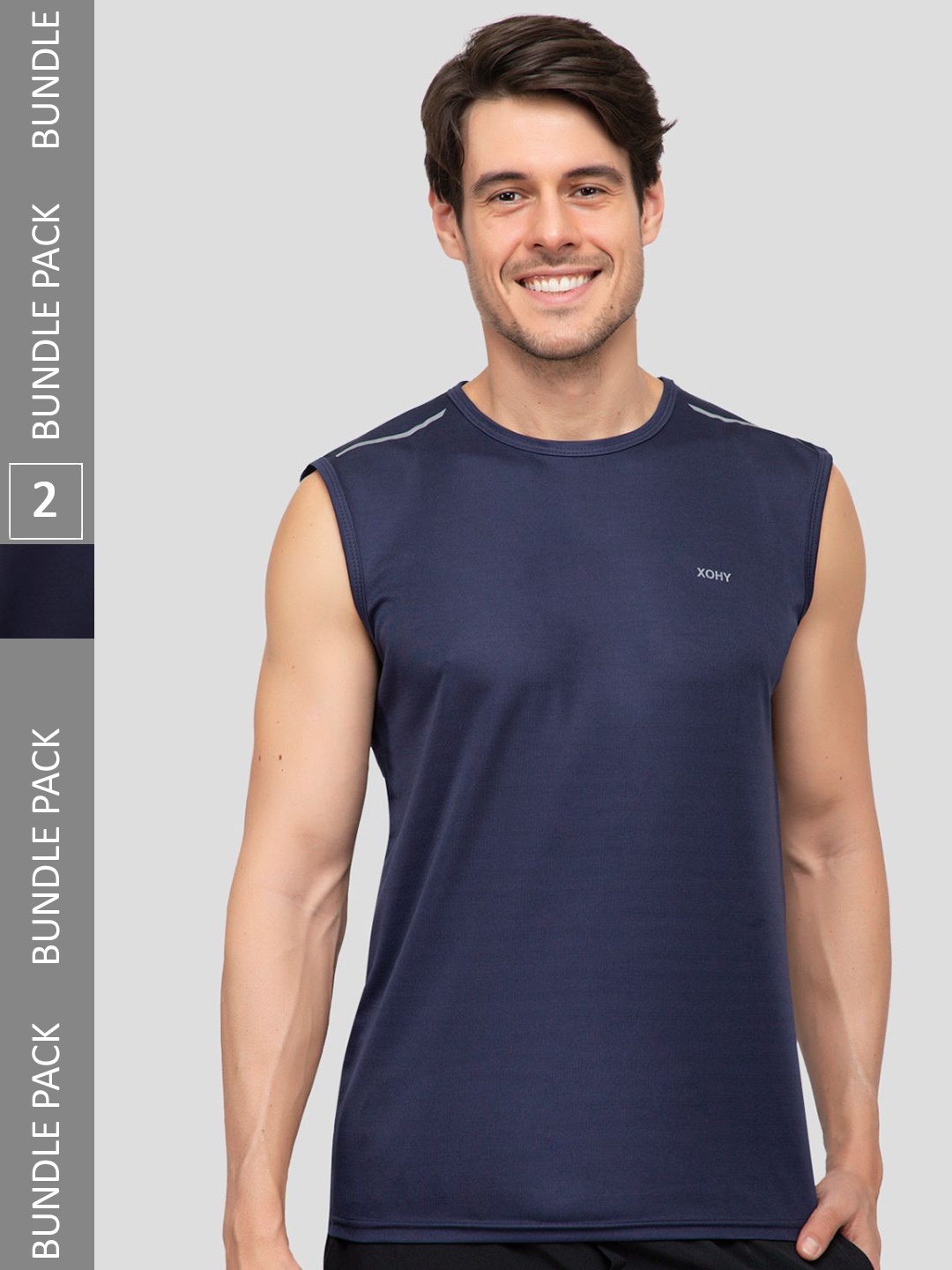 

Xohy Pack of 2 Round Neck Active Wear Gym Vests COMBO801-803-NAVY, Navy blue