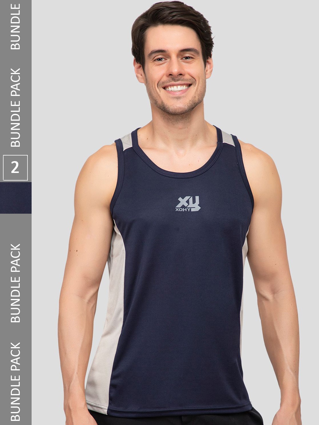 

Xohy Pack of 2 Colorblocked Round Neck Active Wear Gym Vests COMBO802-NAVY, Navy blue