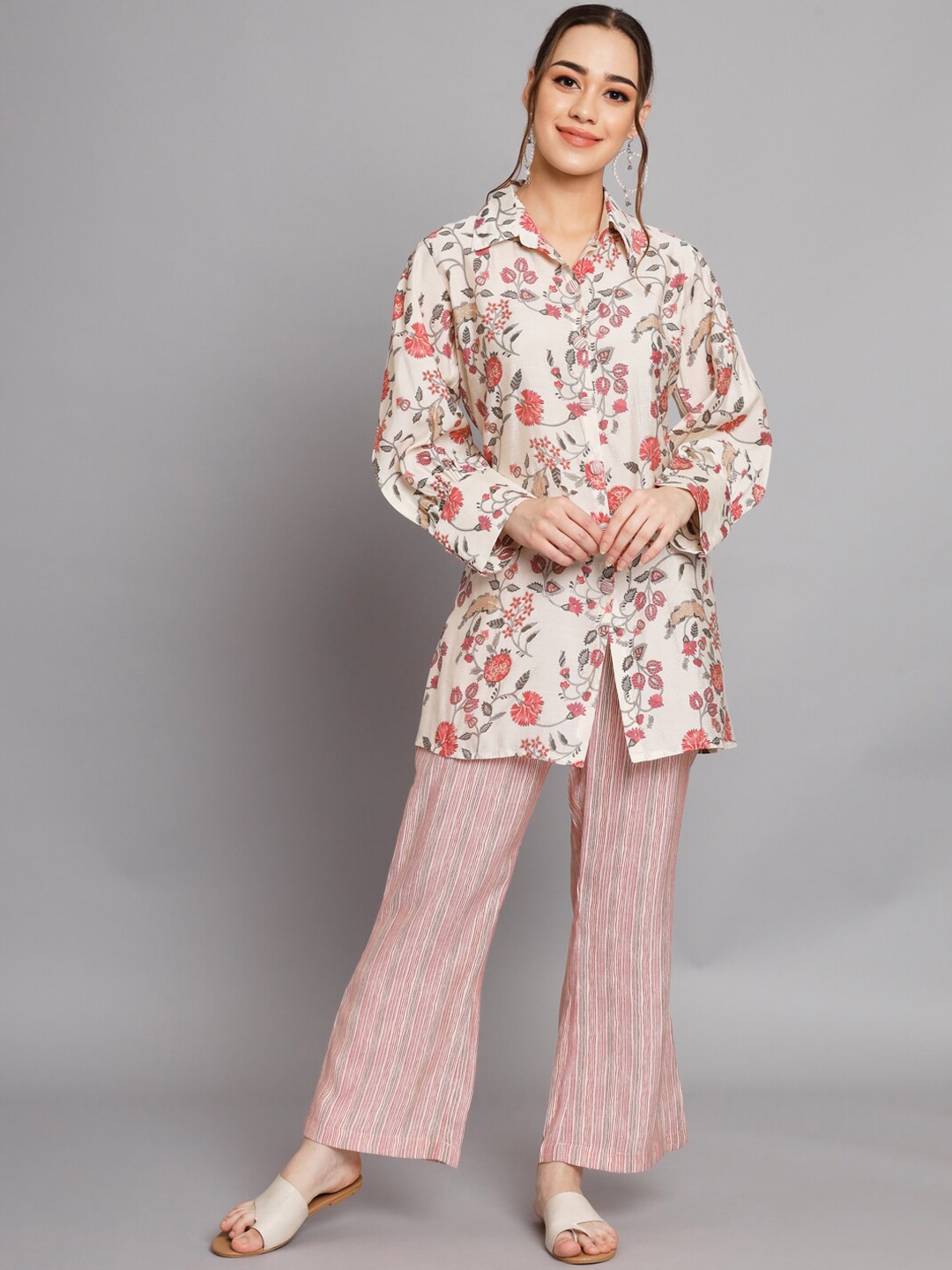 

Silai Bunai Floral Printed Long Sleeves Shirt with Trousers Co-Ords, Cream