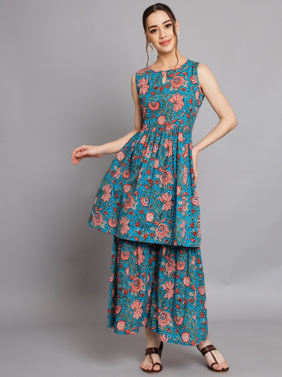 

Silai Bunai Floral Printed Anarkali Kurta with Sharara, Blue