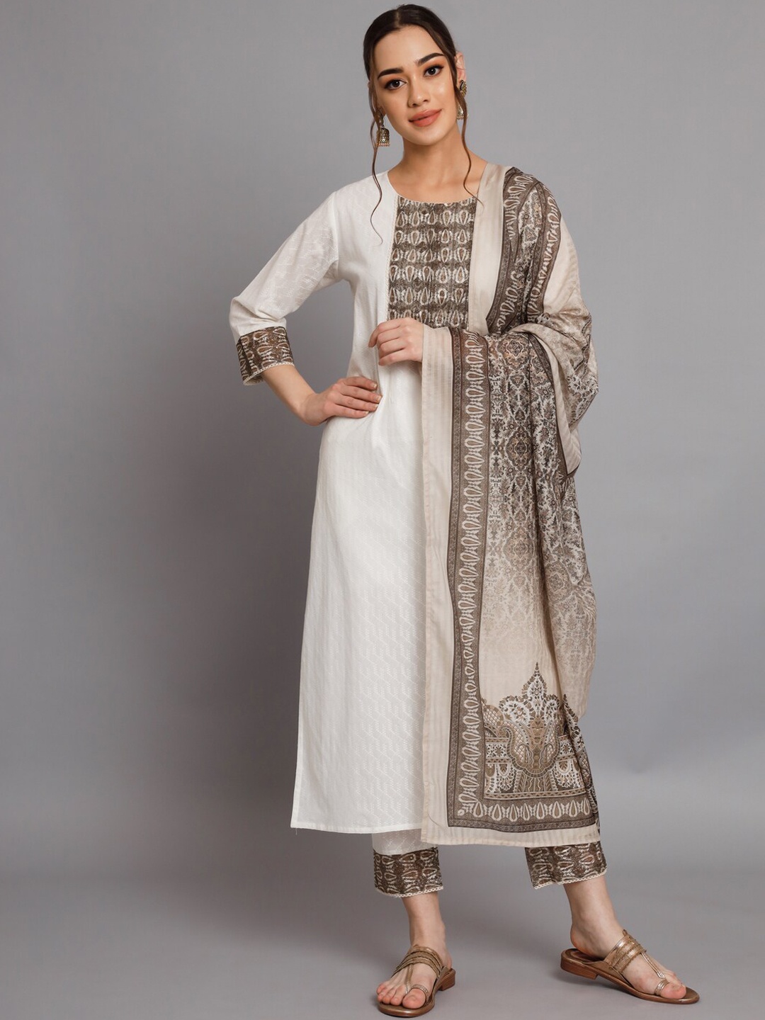 

Silai Bunai Ethnic Motifs Printed Kurta with Trousers & Dupatta, White