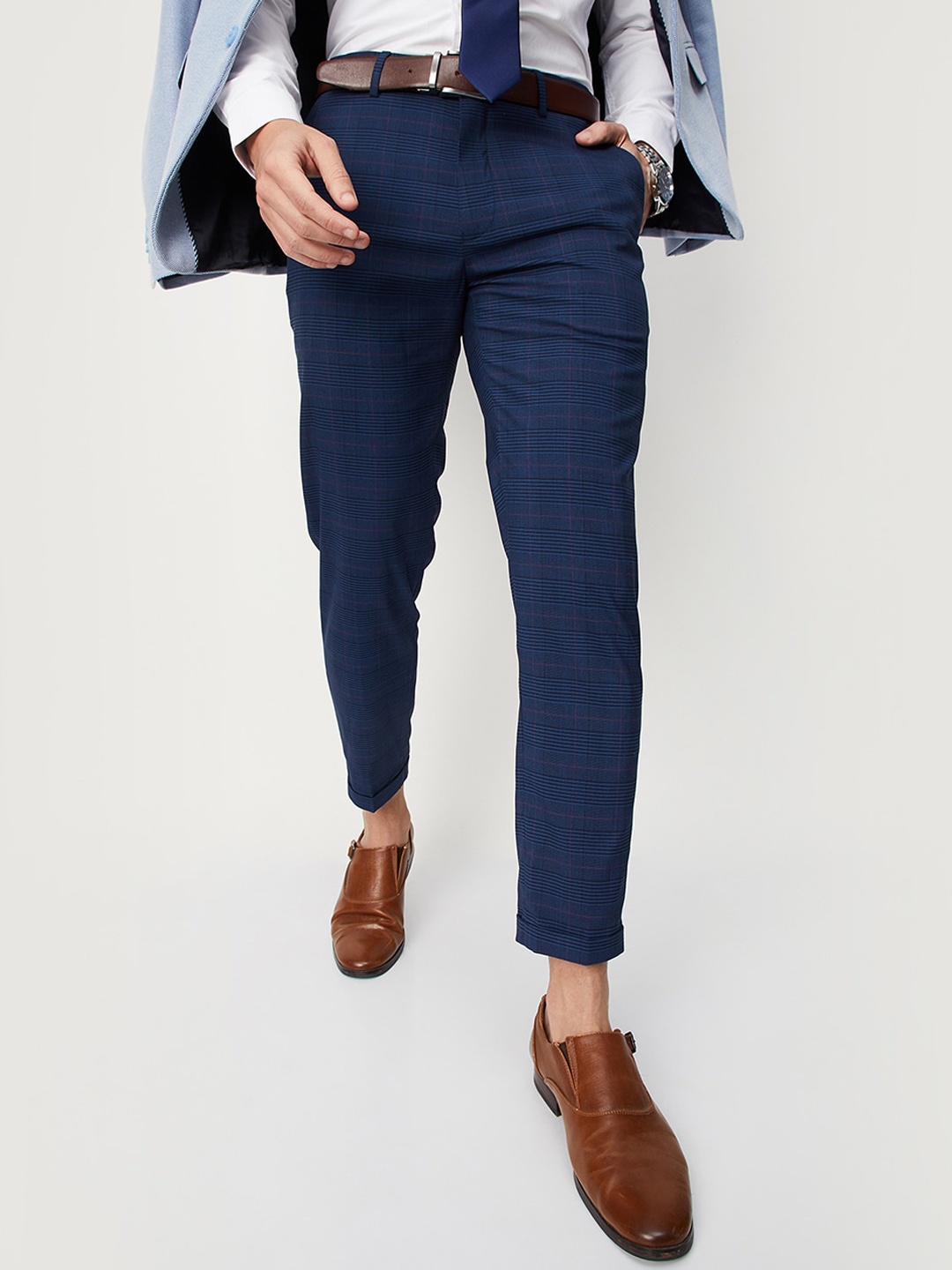 

max Men Mid Rise Regular Fit Cotton Trousers, Navy blue