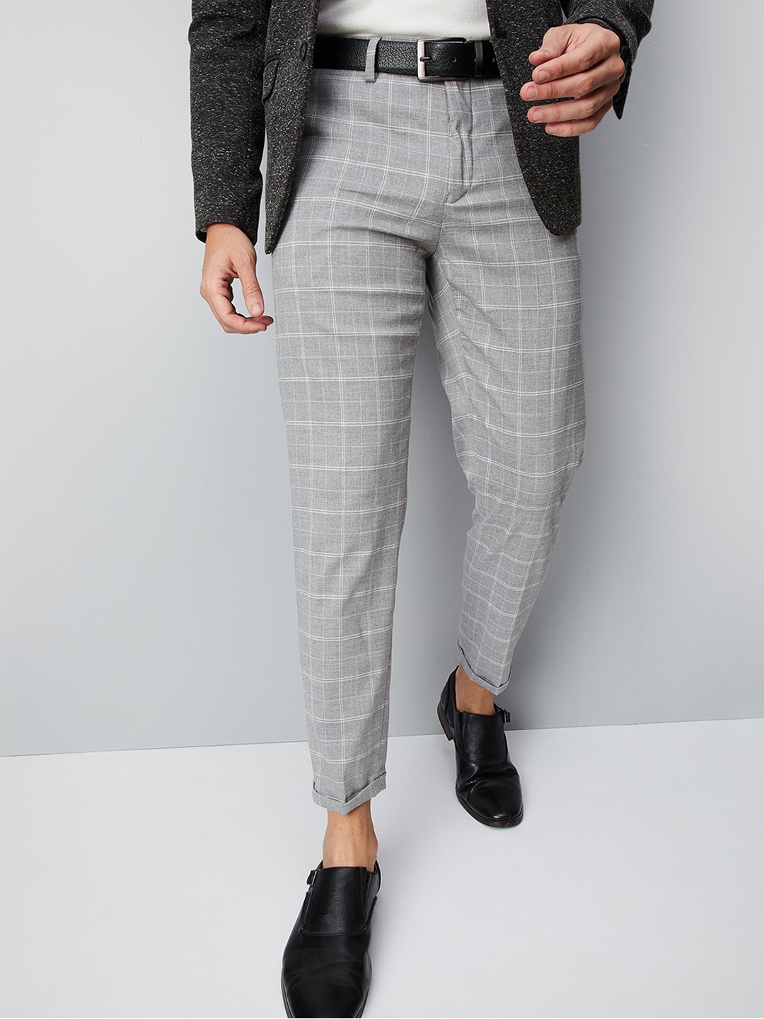

max Men Checked Trousers, Grey