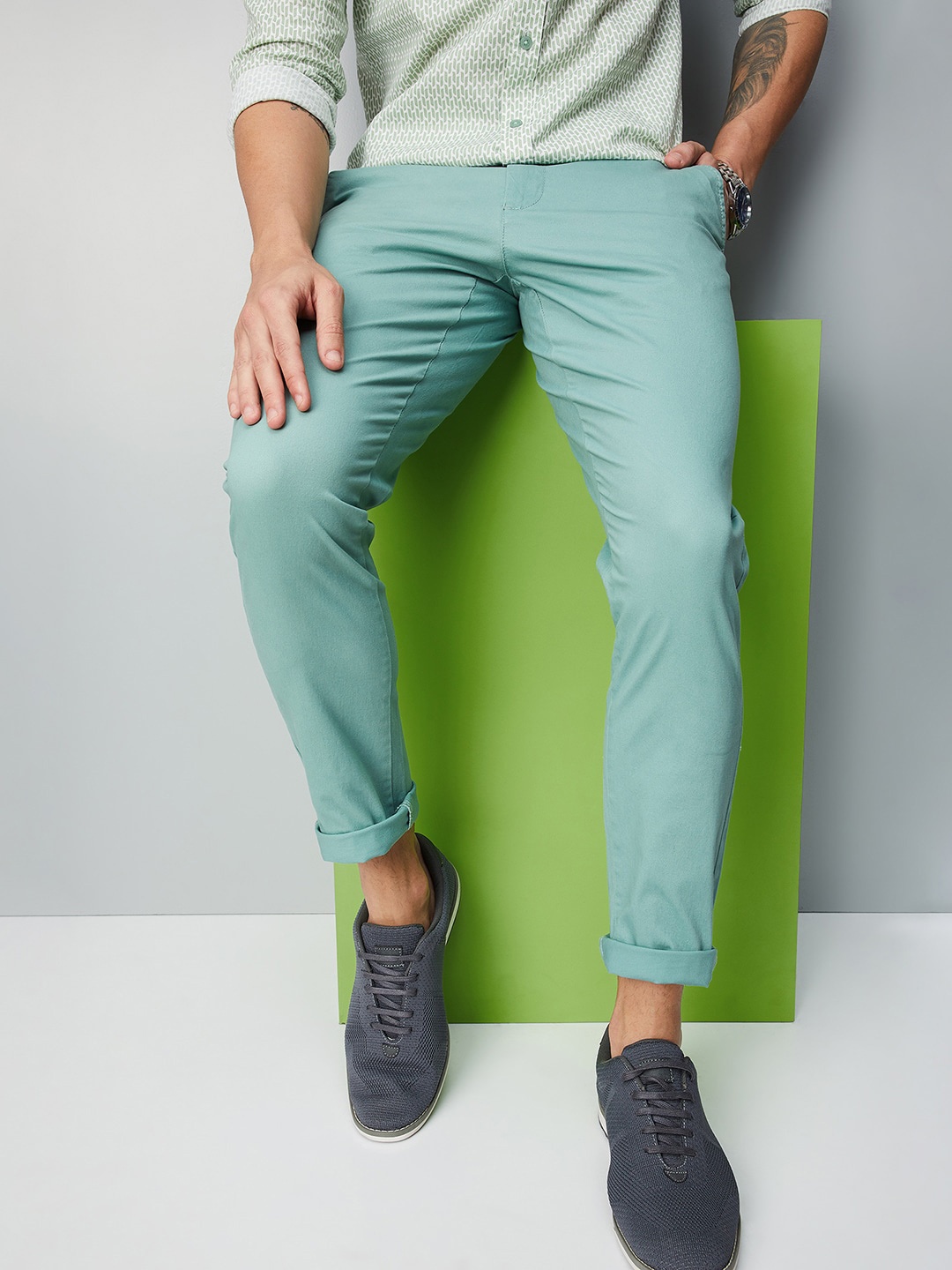 

max Men Mid-Rise Plain Chinos Trousers, Sea green