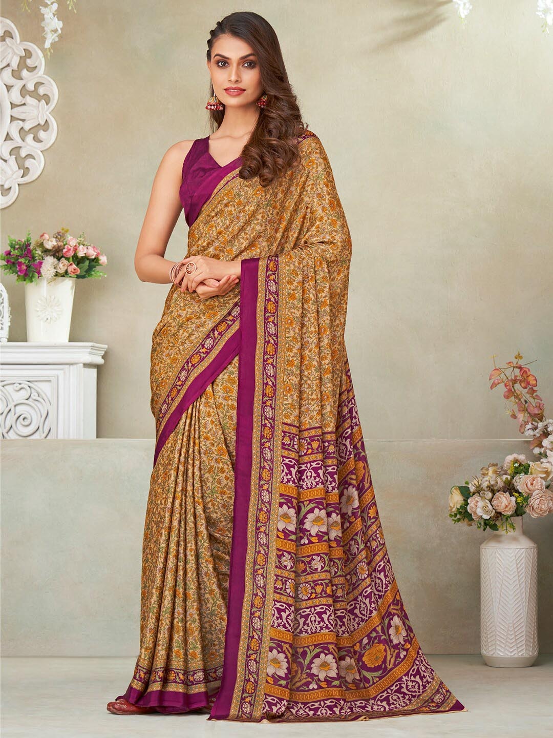 

Kasak Ethnic Motifs Printed Silk Blend Saree, Beige