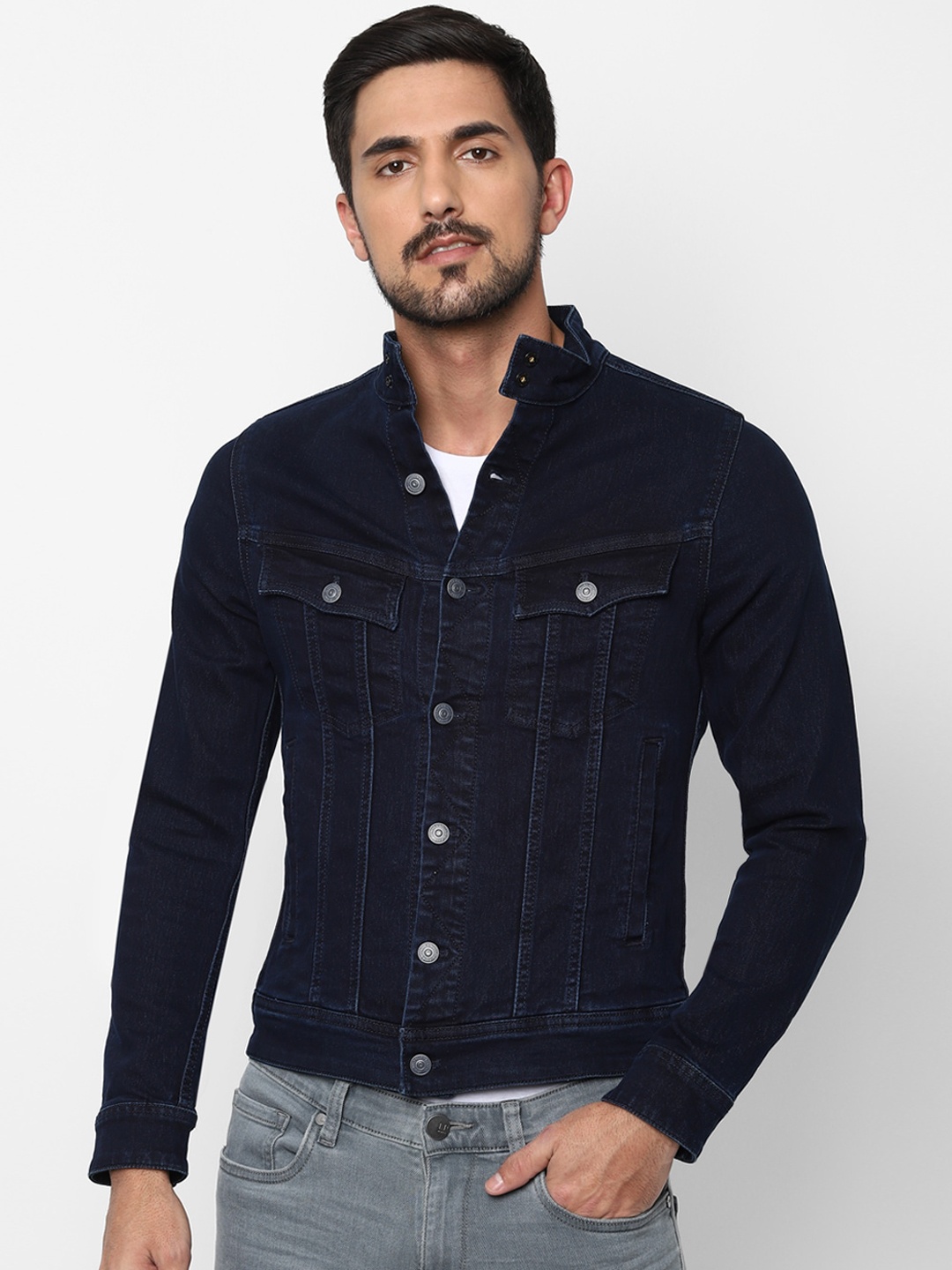 

Allen Solly Men Washed Striped Denim Jacket, Navy blue