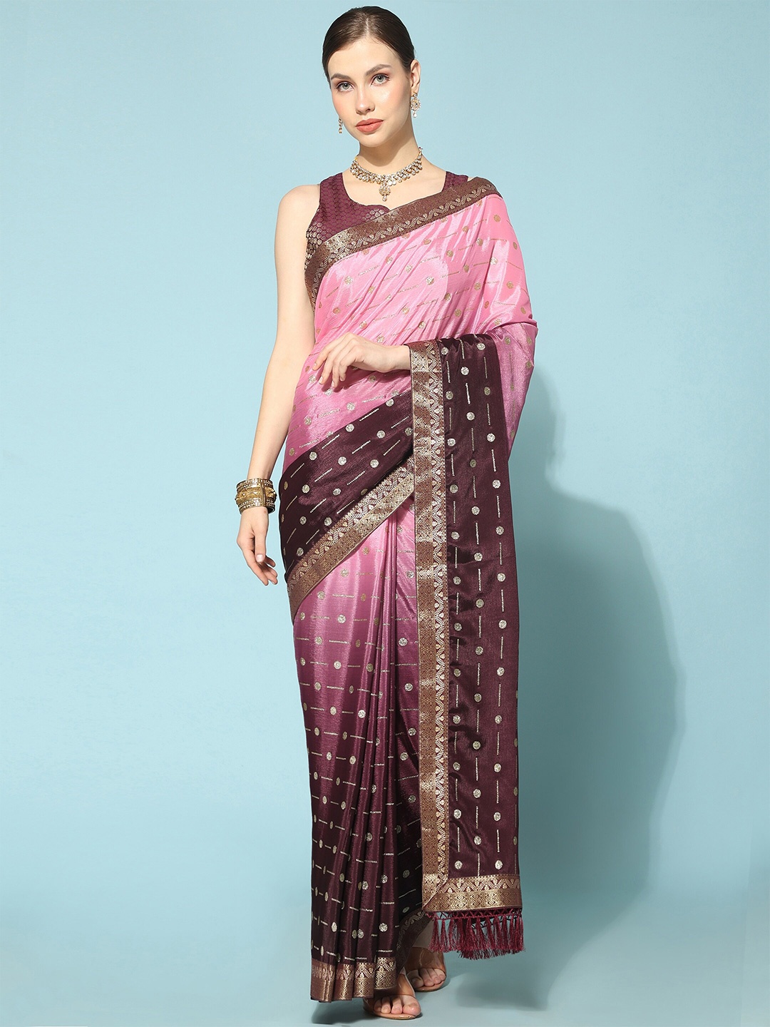 

TEREZA Colourblocked Zari Poly Chiffon Banarasi Saree, Purple