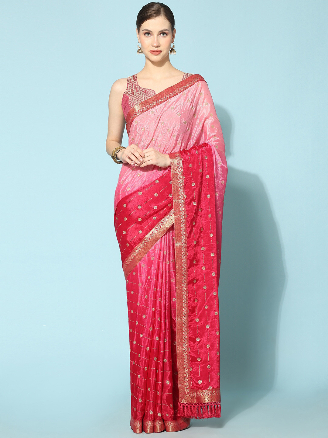 

TEREZA Colourblocked Zari Poly Chiffon Banarasi Saree, Pink